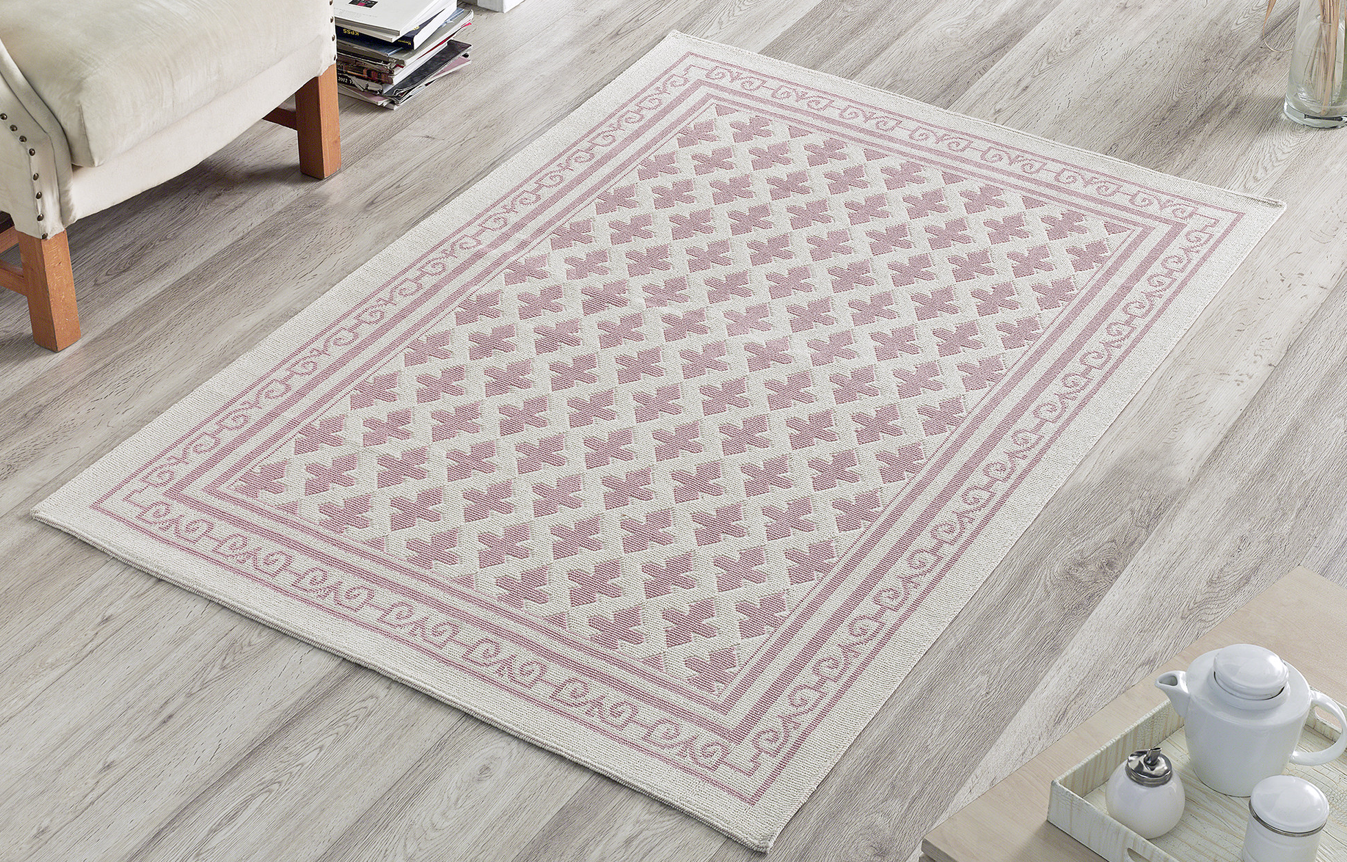 Pearl 100% Cotton Washable Bohemian Area Rug - Light Pink and Off-White - Decorotika