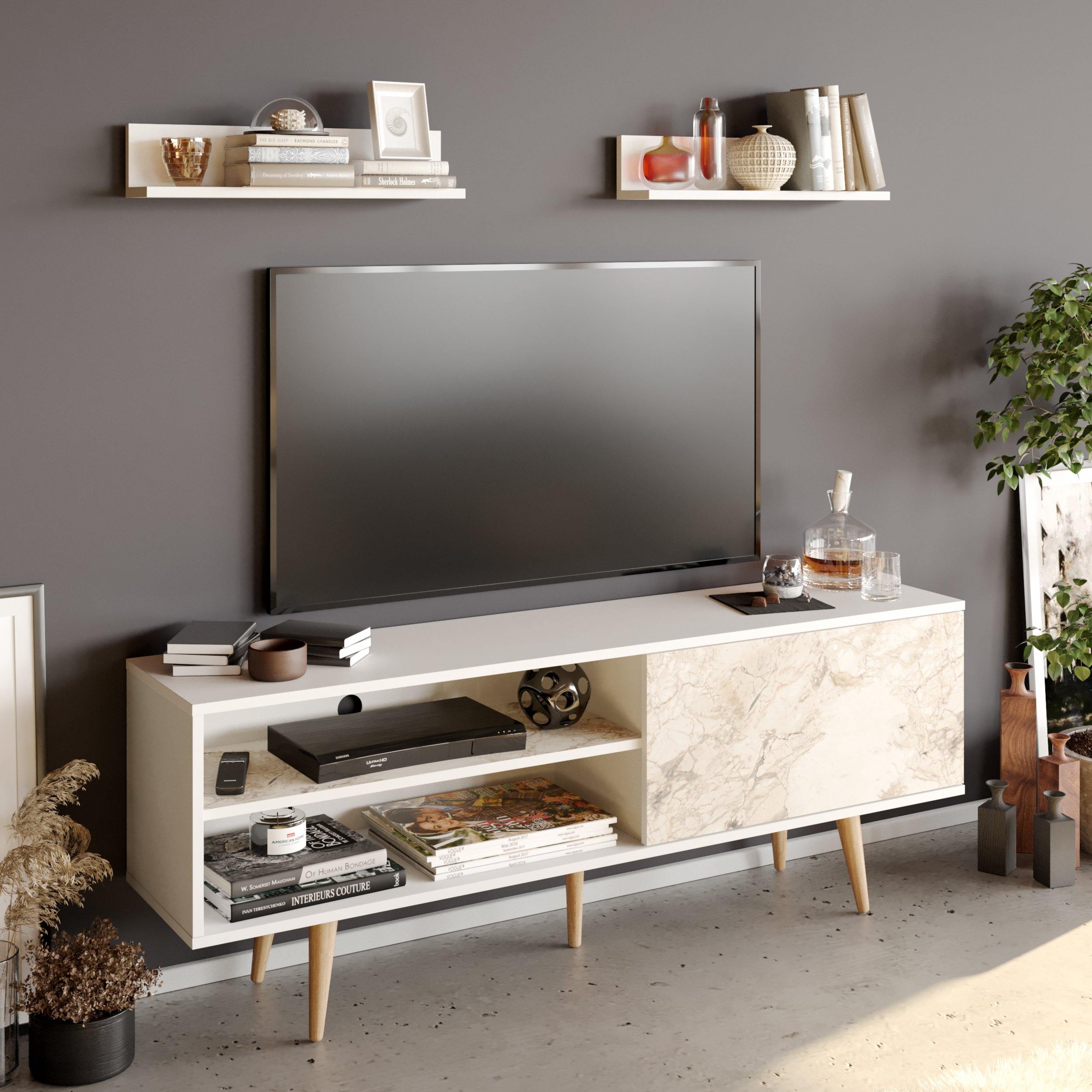 Pi 63" Wide TV Stand and Entertainment Center with Wall Shelves for TVs up to 72" - Decorotika