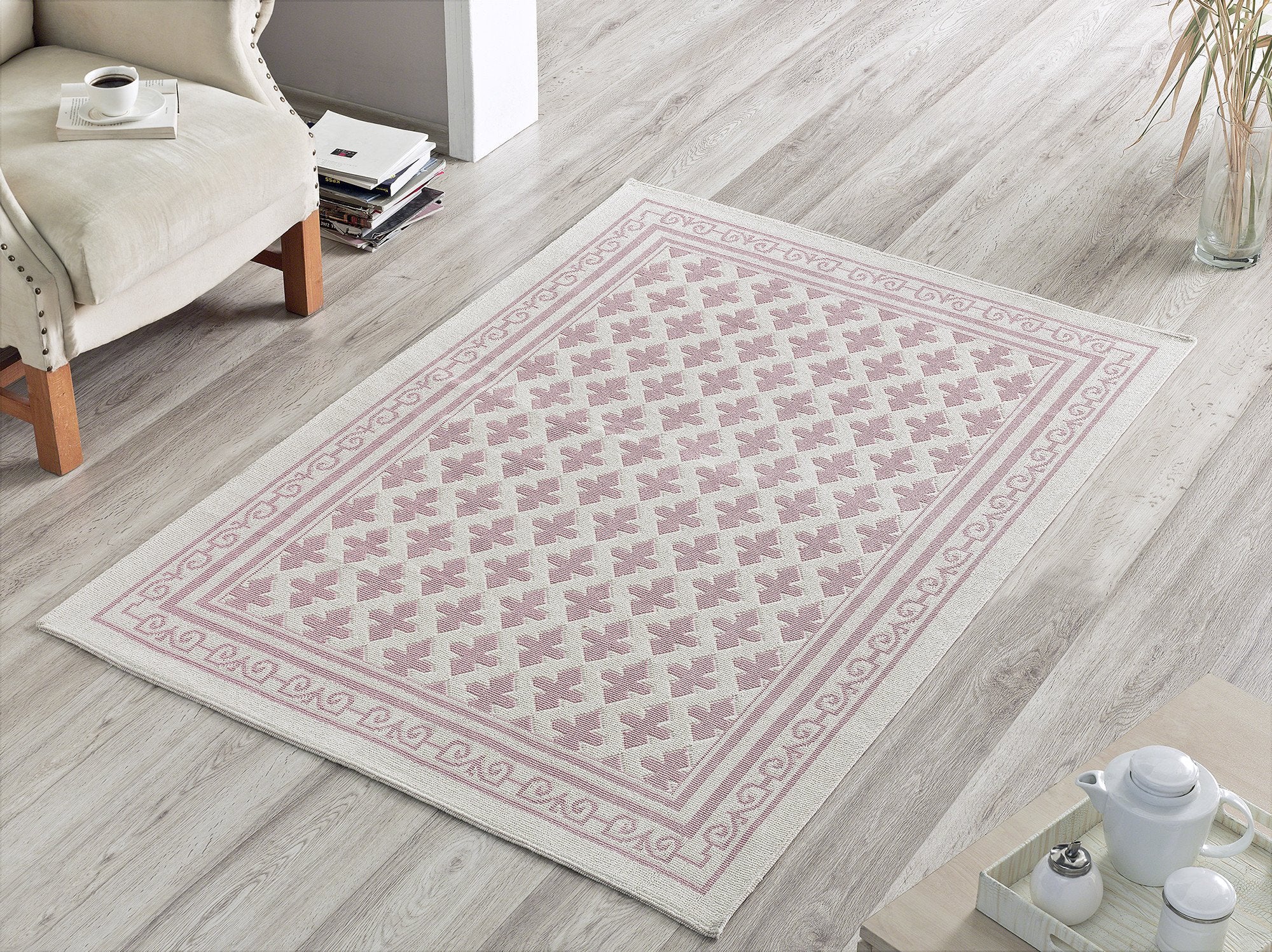 Pearl 100% Cotton Washable Bohemian Area Rug - Light Pink and Off-White - Decorotika