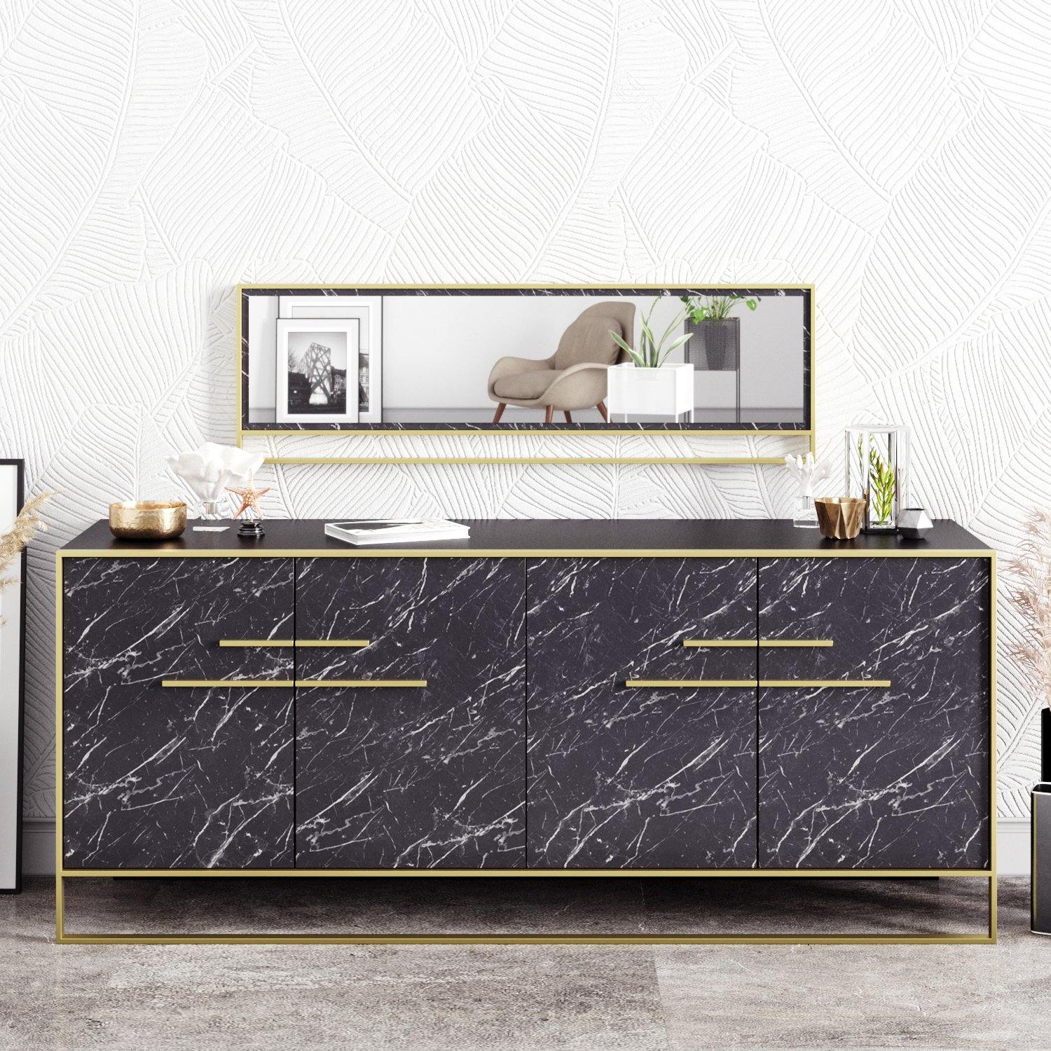 Polka 71" Metal Wood Sideboard with Framed Wall Mirror - Decorotika