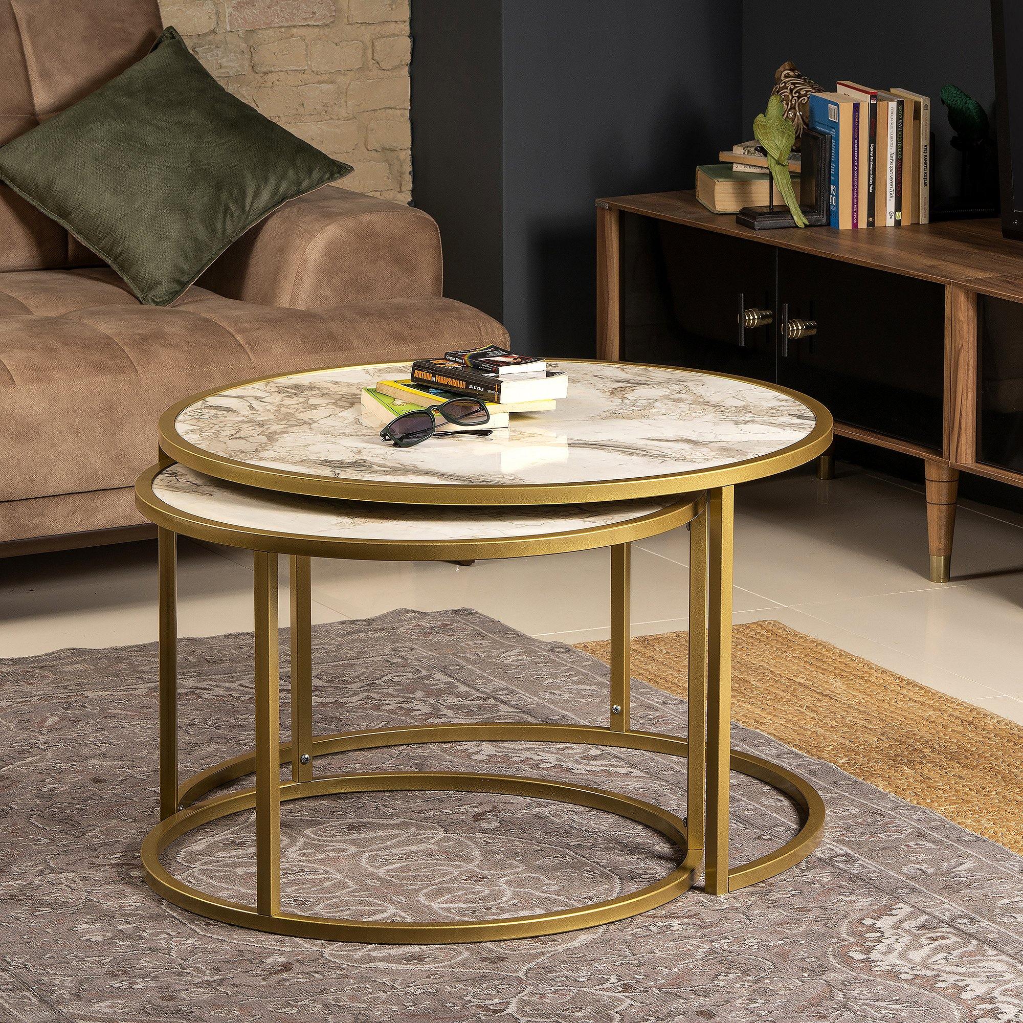 Tambur Metal Manufactured Wood Round Nesting Coffee Table - Set of 2 - Decorotika