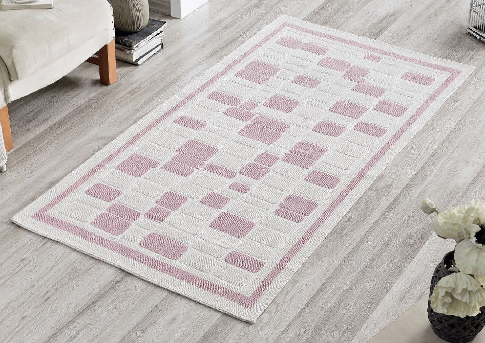 Mosaic 100% Cotton Bohemian Washable Area Rug - Light Pink and Off-White - Decorotika
