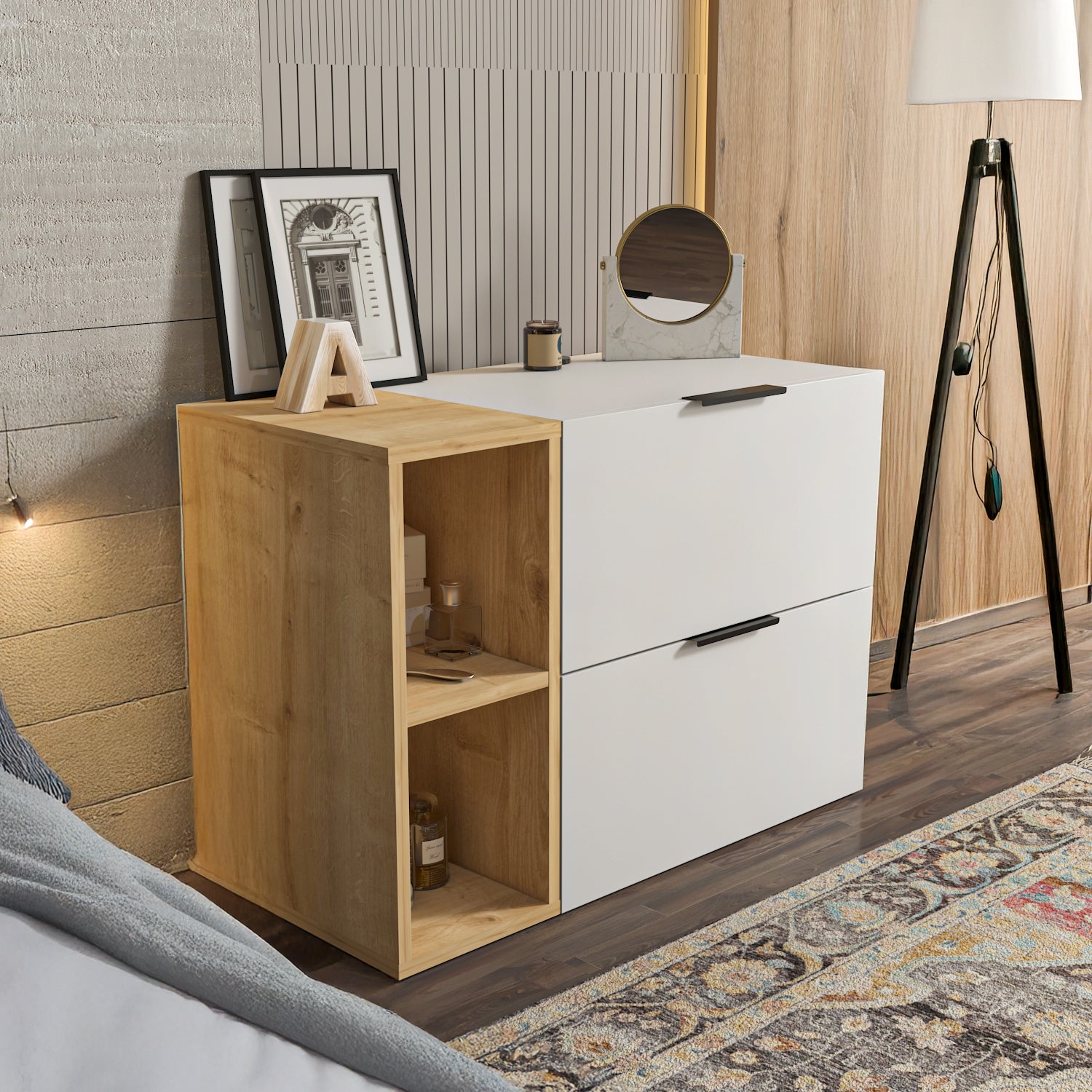 Opheus Modular 2-Drawer Dresser with Open Shelves White Oak