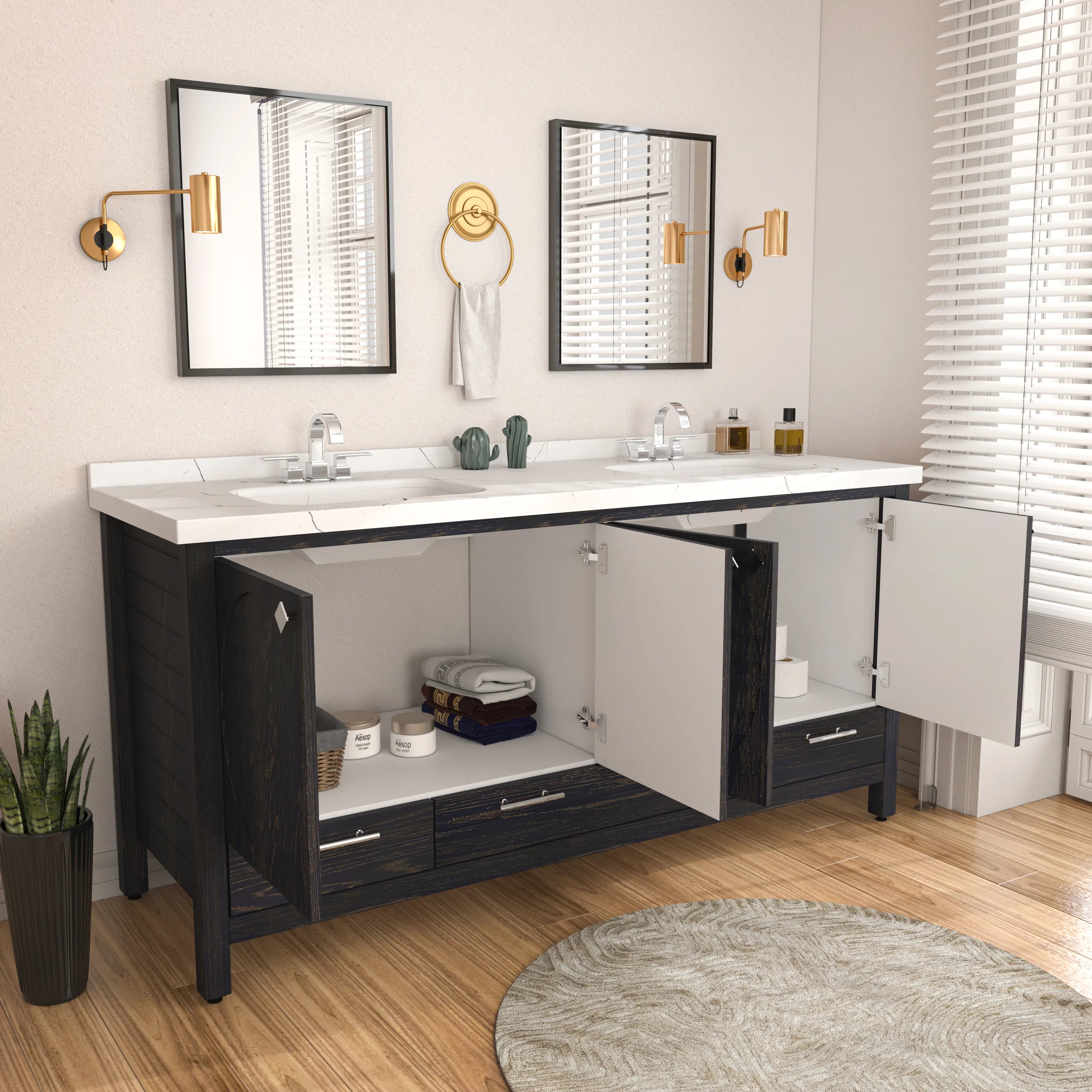 Papatya 71'' Wide Free-standing Double Bathroom Vanity with Engineered Marble Vanity Top