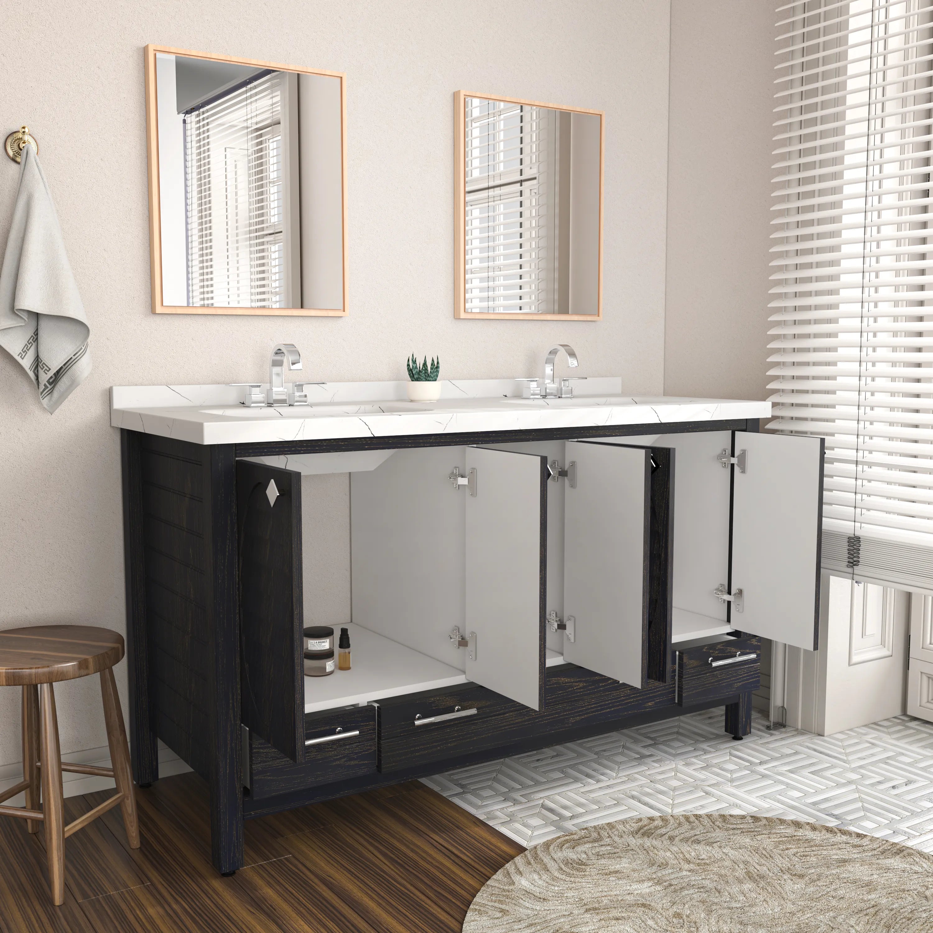 Papatya 59'' Wide Free-standing Double Bathroom Vanity with Engineered Marble Vanity Top