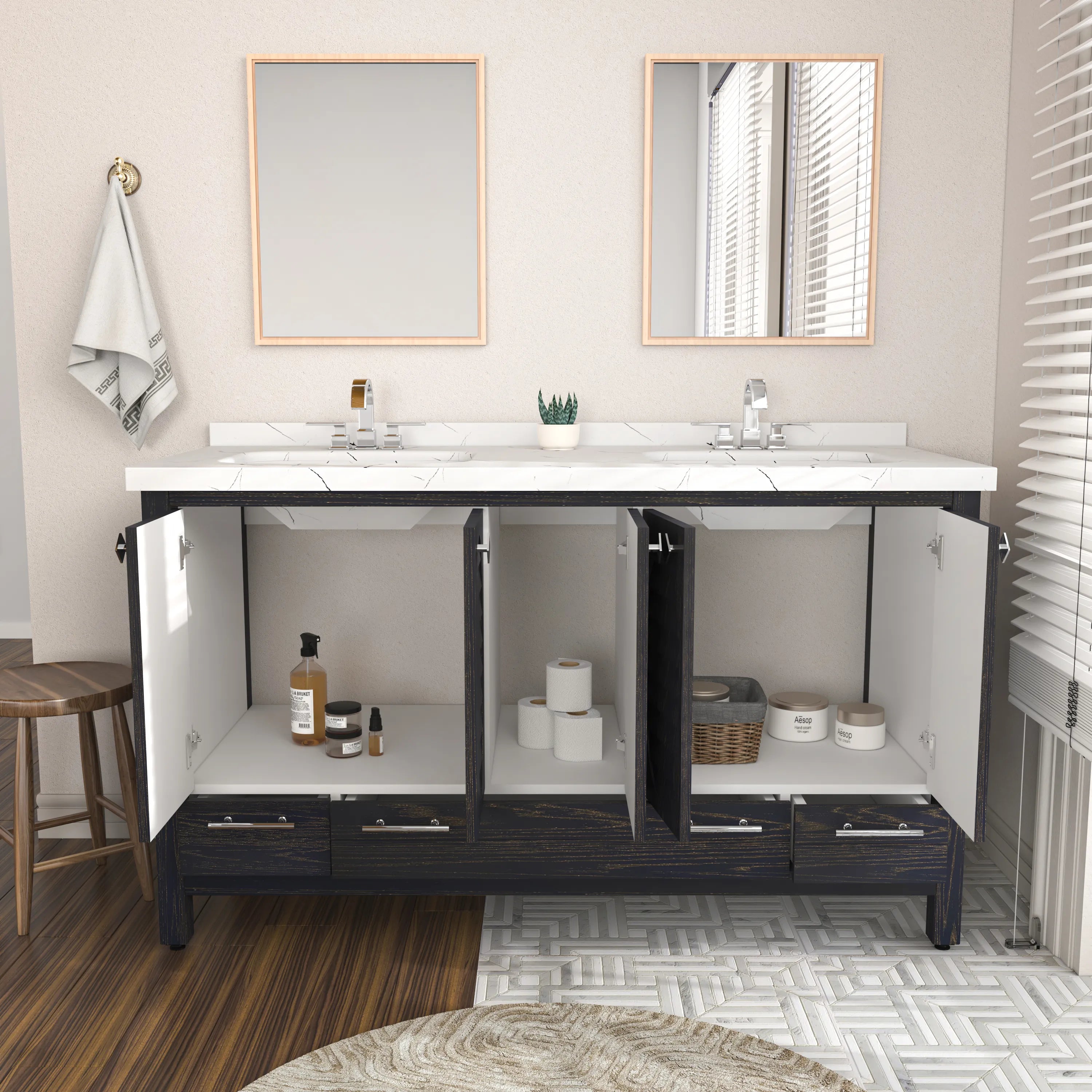 Papatya 59'' Wide Free-standing Double Bathroom Vanity with Engineered Marble Vanity Top