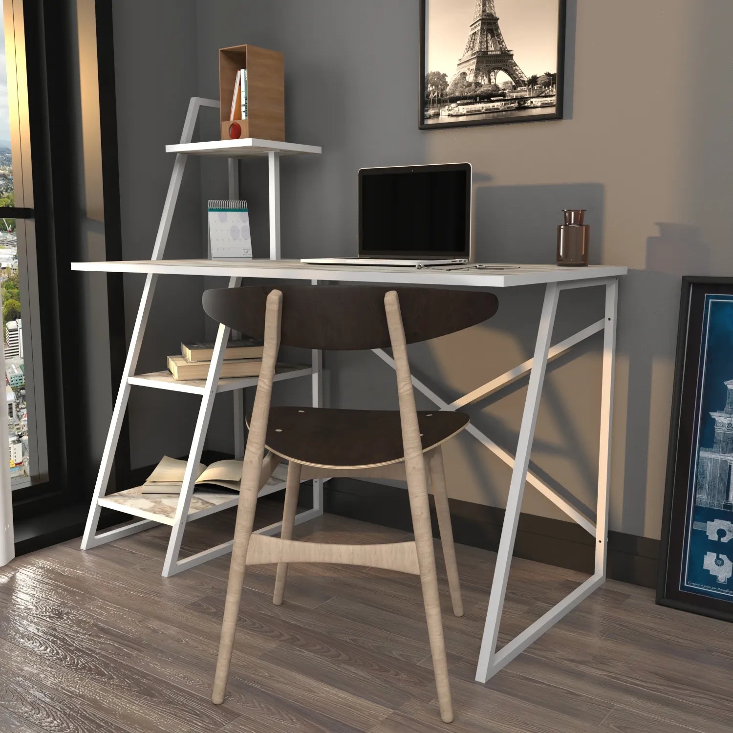 Admira 47 inch Wide Metal Wood Computer Writing Desk with Open Shelf Storage