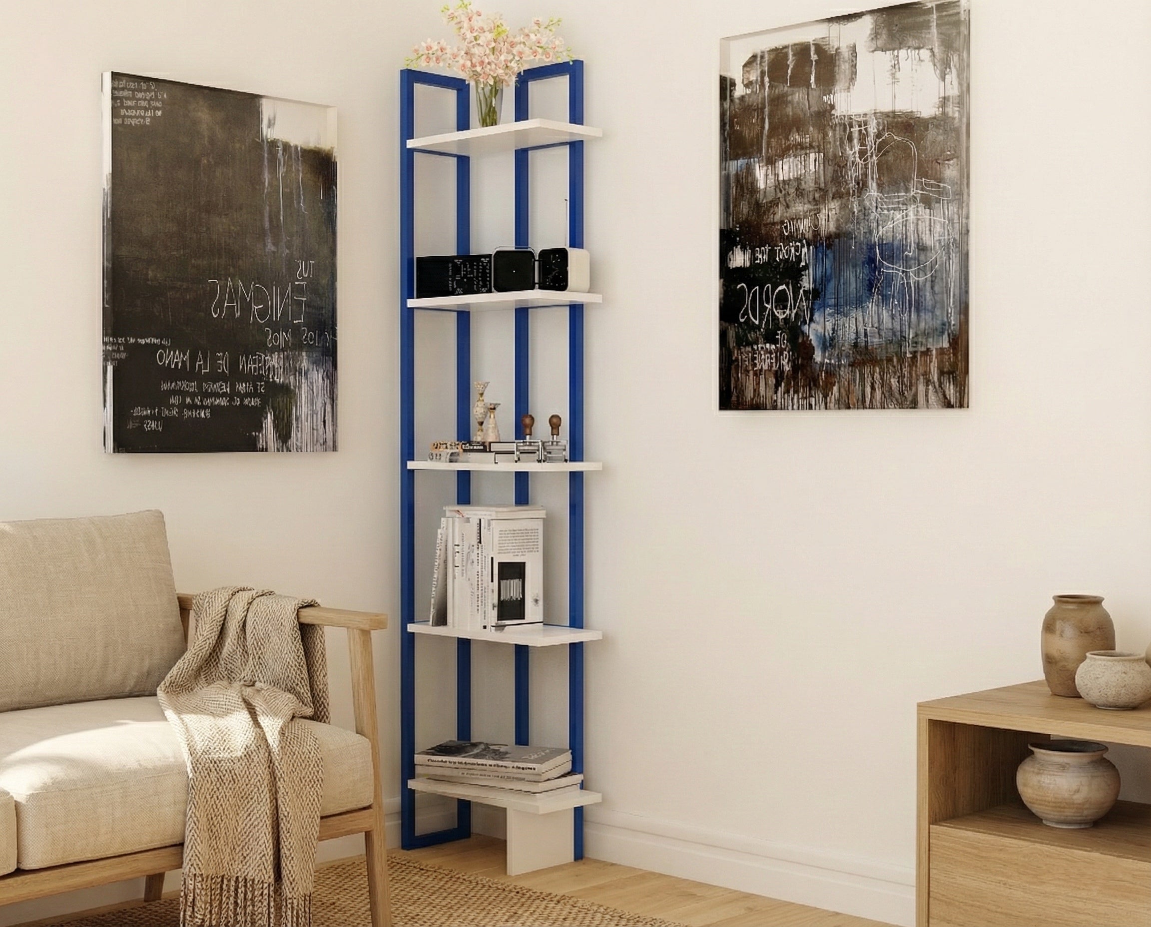 Alice 71" Tall Metal Manufactured Wood Bookcase | Corner Bookcase