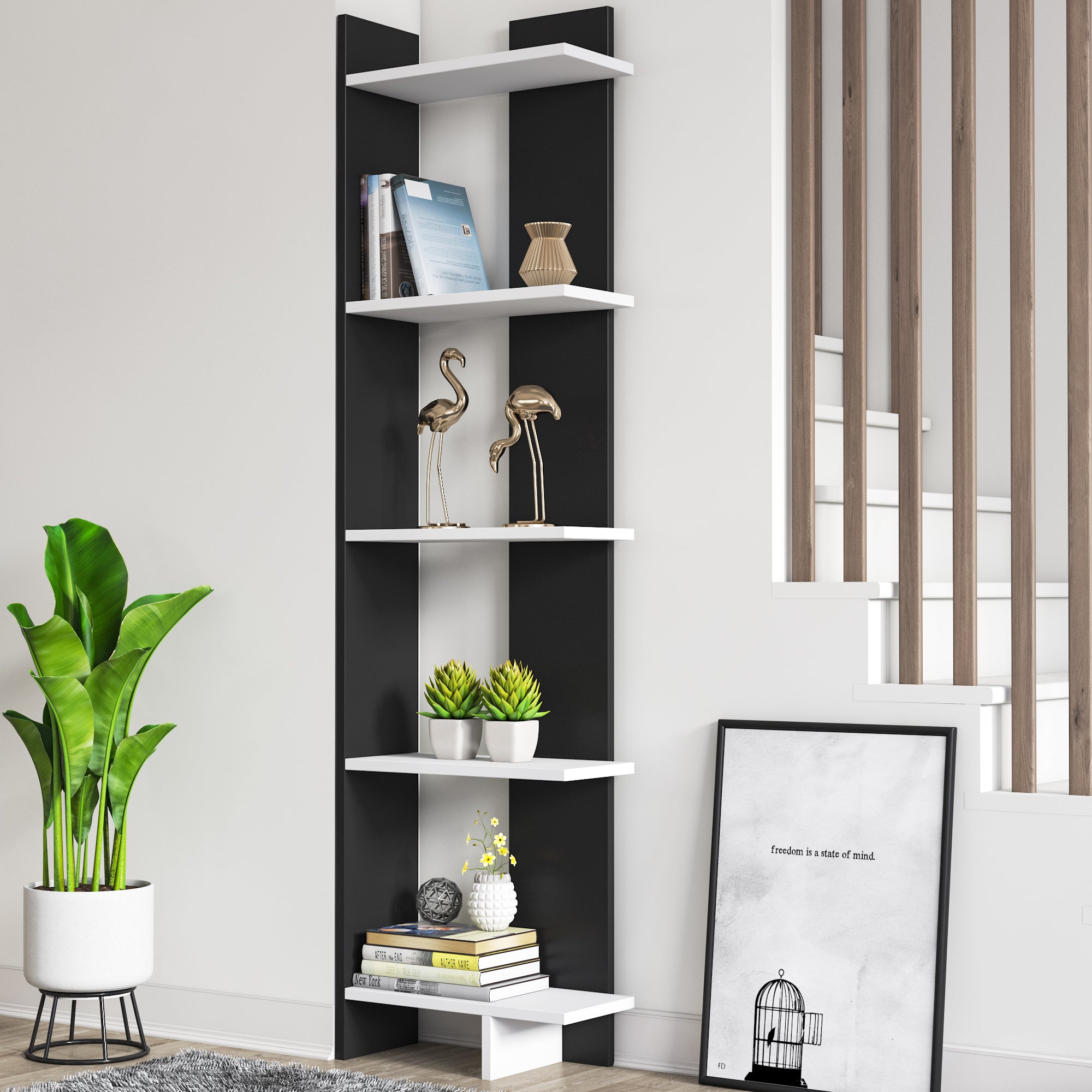Alice 67” Corner Bookcase – 5-Tier Narrow L-Shaped Wall-Mounted