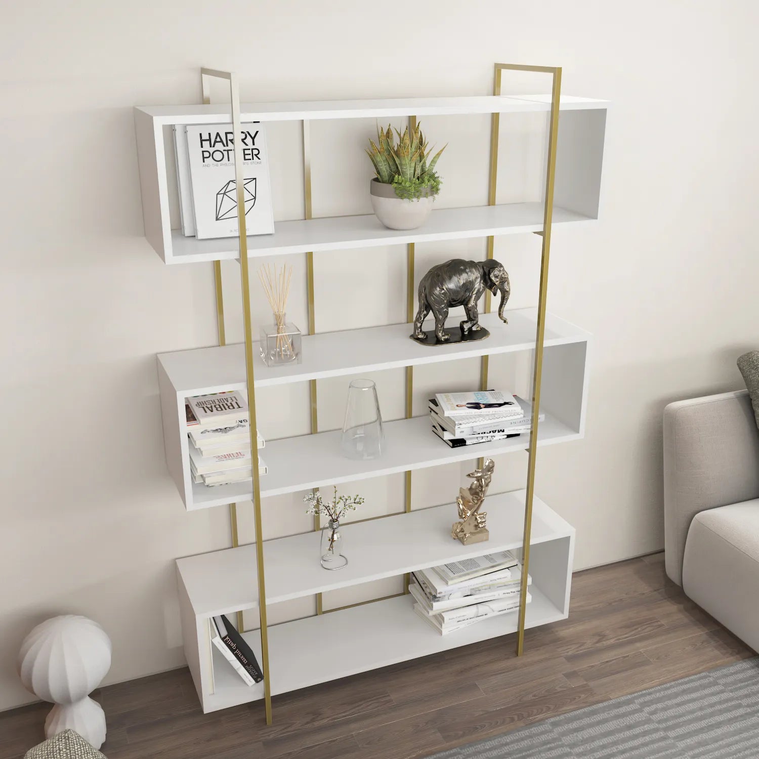 Bruti 71" Tall Geometric Metal Wood Bookcase | Bookshelf | Display Unit