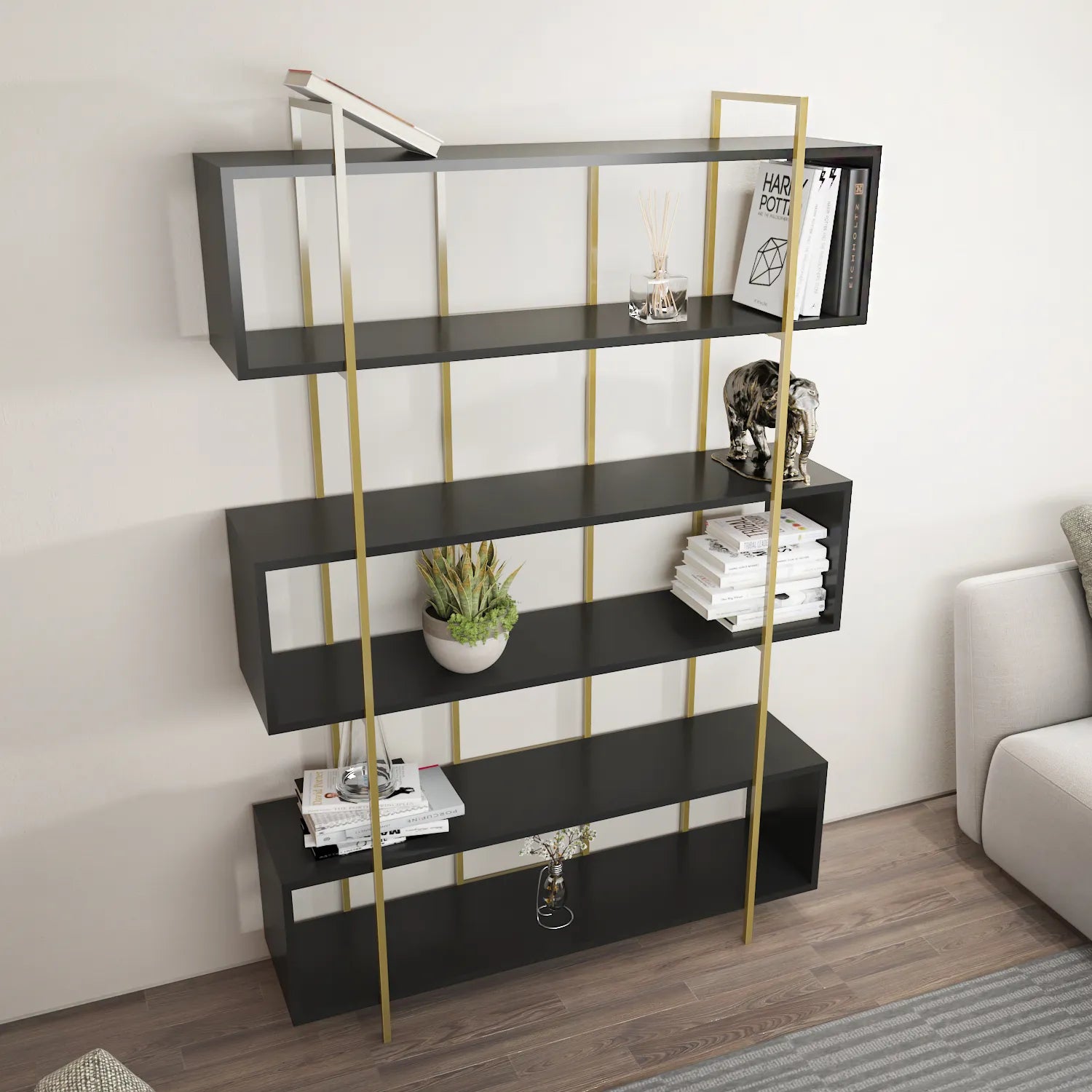 Bruti 71" Tall Geometric Metal Wood Bookcase | Bookshelf | Display Unit