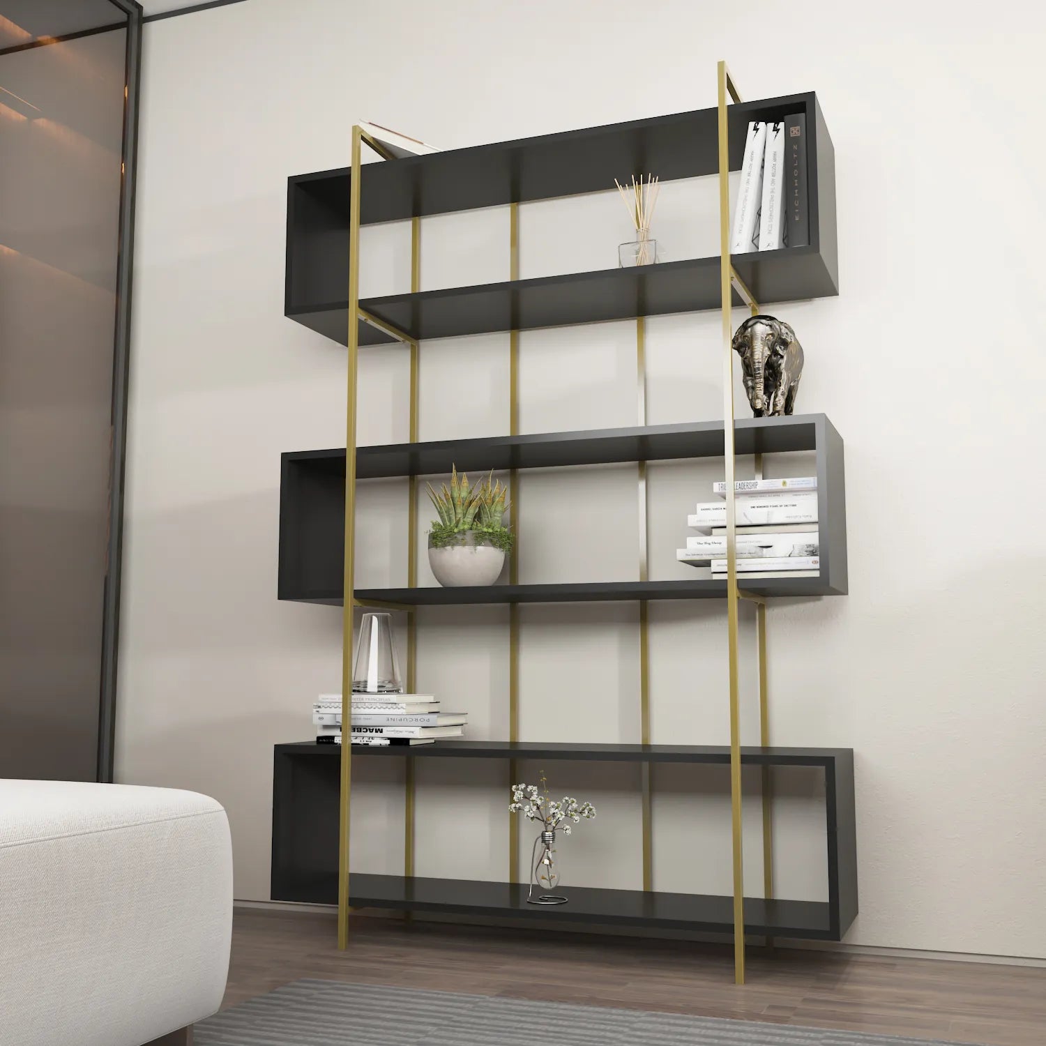 Bruti 71" Tall Geometric Metal Wood Bookcase | Bookshelf | Display Unit