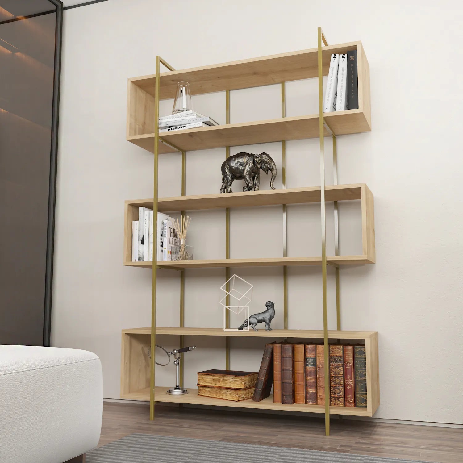 Bruti 71" Tall Geometric Metal Wood Bookcase | Bookshelf | Display Unit