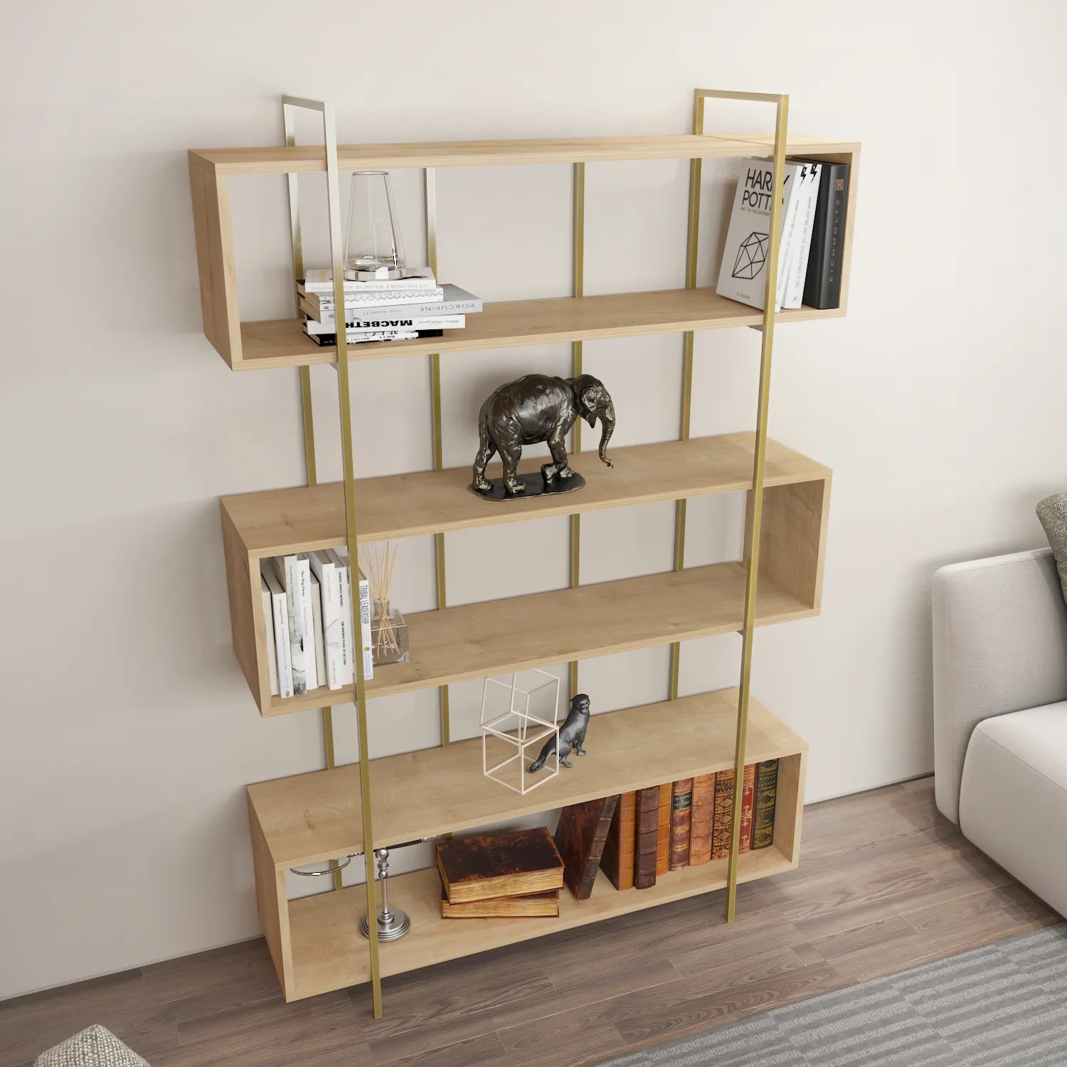 Bruti 71" Tall Geometric Metal Wood Bookcase | Bookshelf | Display Unit