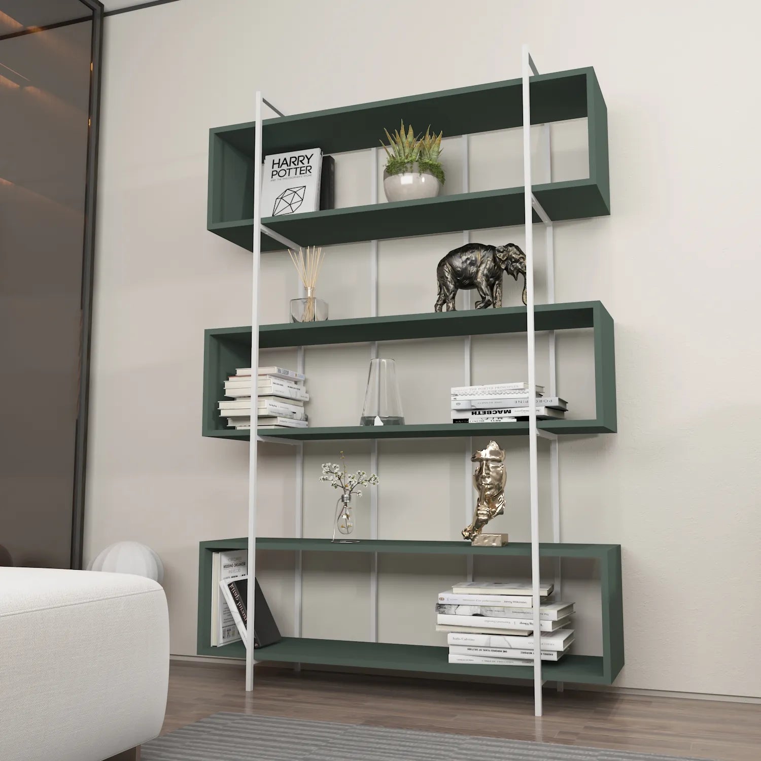 Bruti 71" Tall Geometric Metal Wood Bookcase | Bookshelf | Display Unit