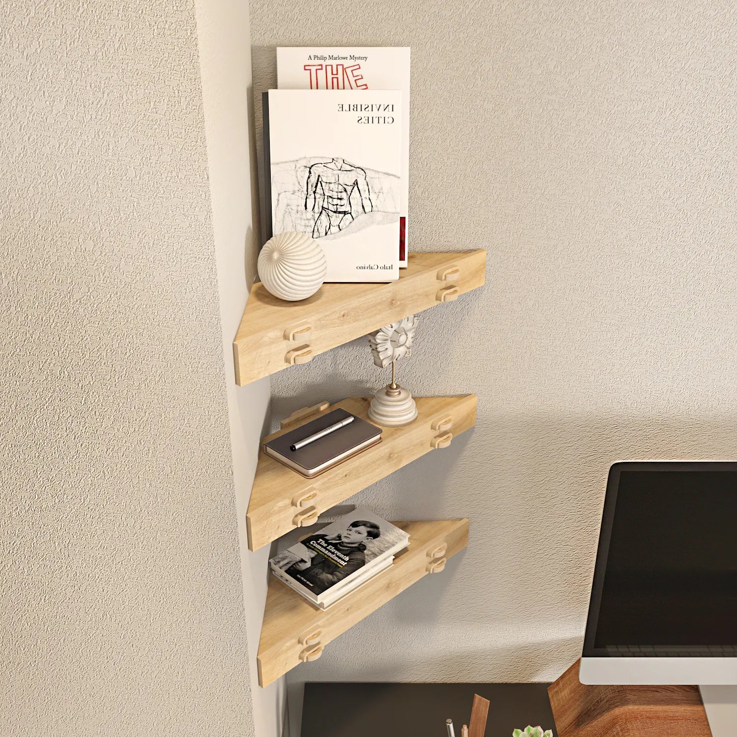 Edis 3 Piece MDF Corner Wall Shelf | Screwless Design