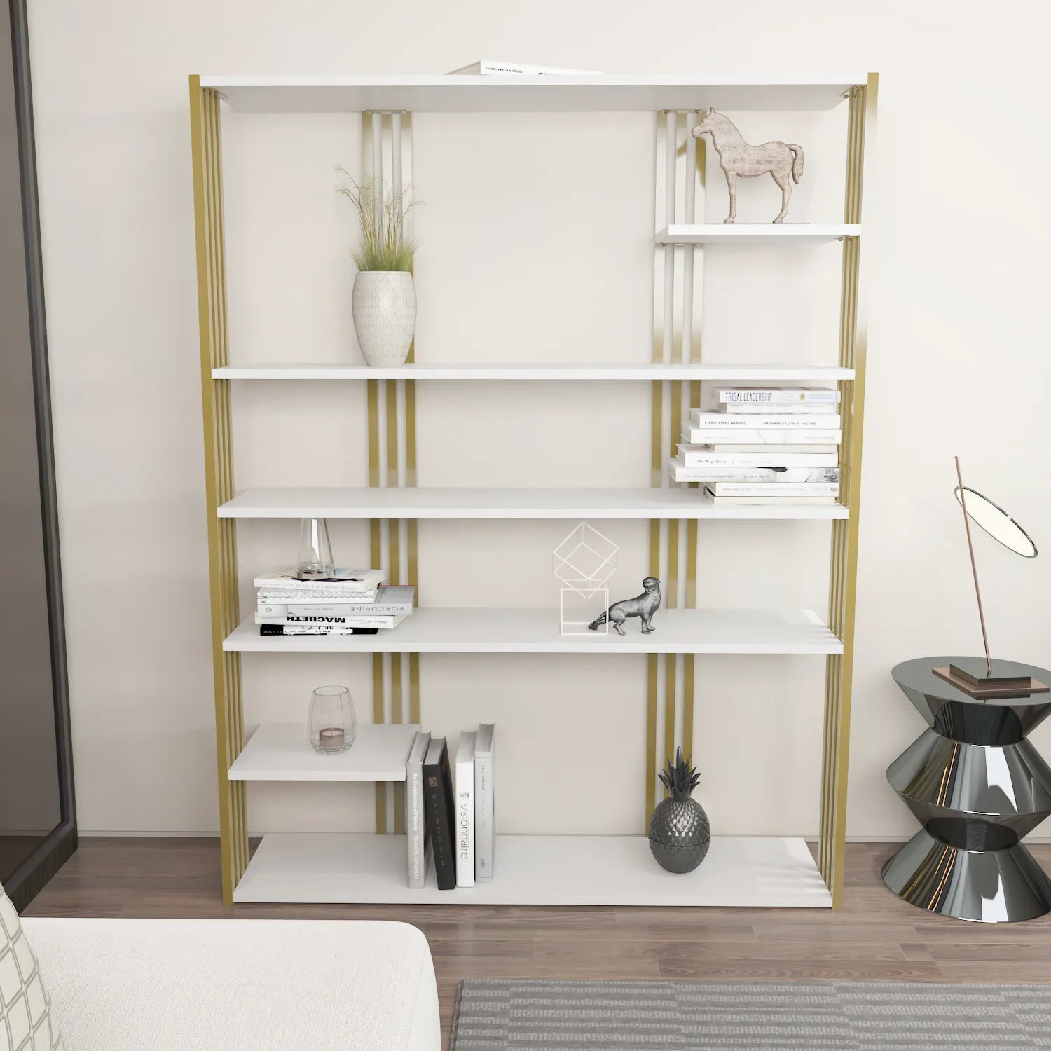 Jeni 63" Tall Metal Wood Bookcase | Bookshelf | Display Unit