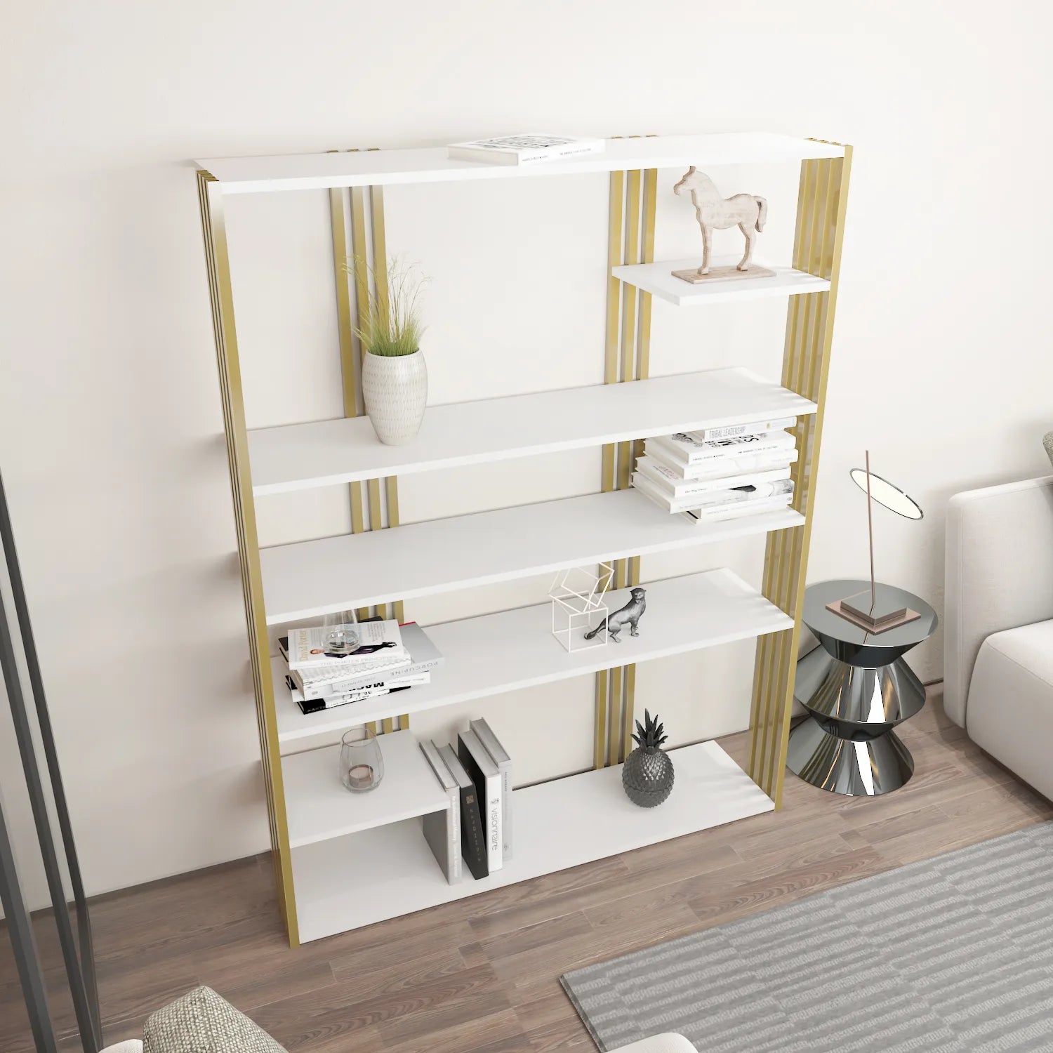 Jeni 63" Tall Metal Wood Bookcase | Bookshelf | Display Unit