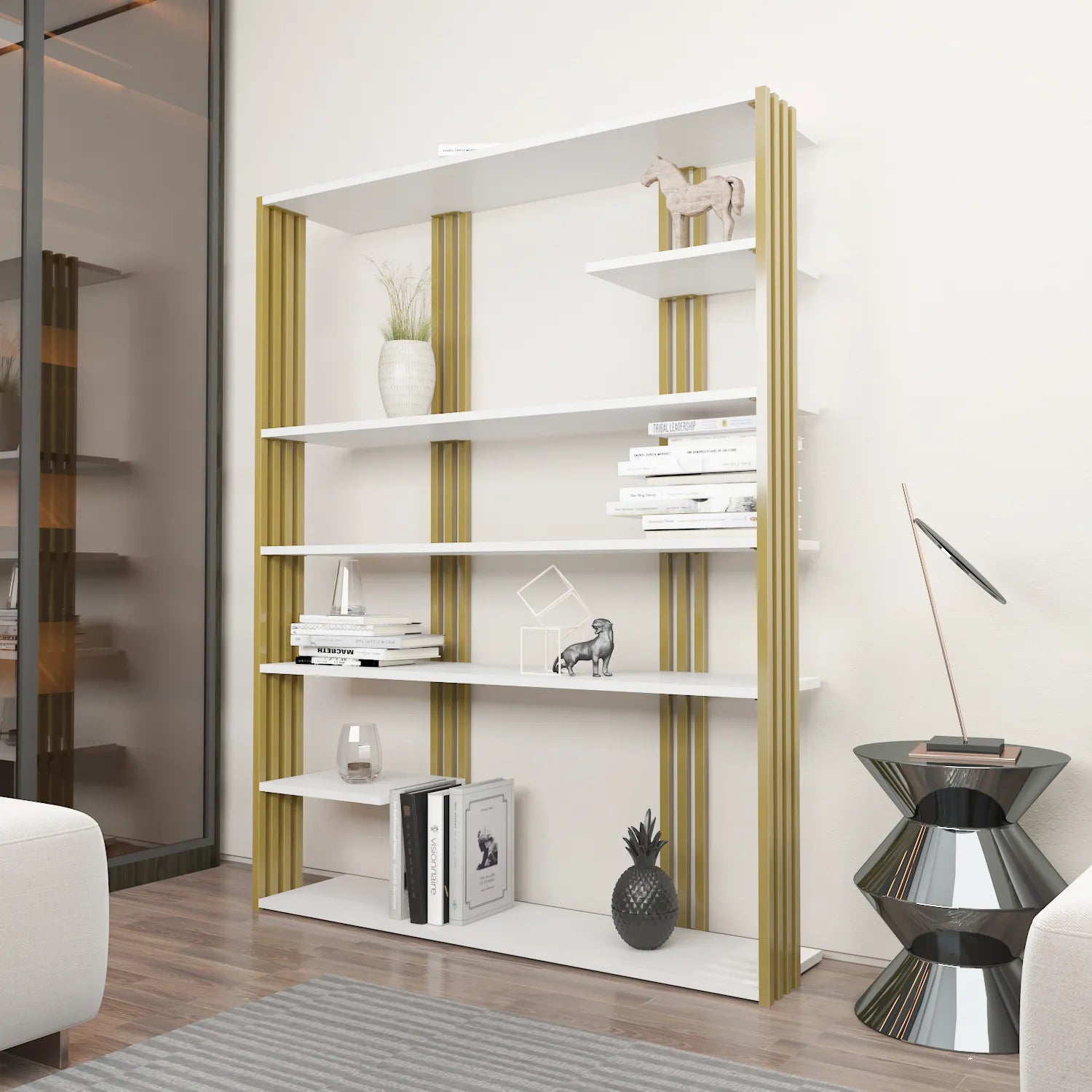 Jeni 63" Tall Metal Wood Bookcase | Bookshelf | Display Unit