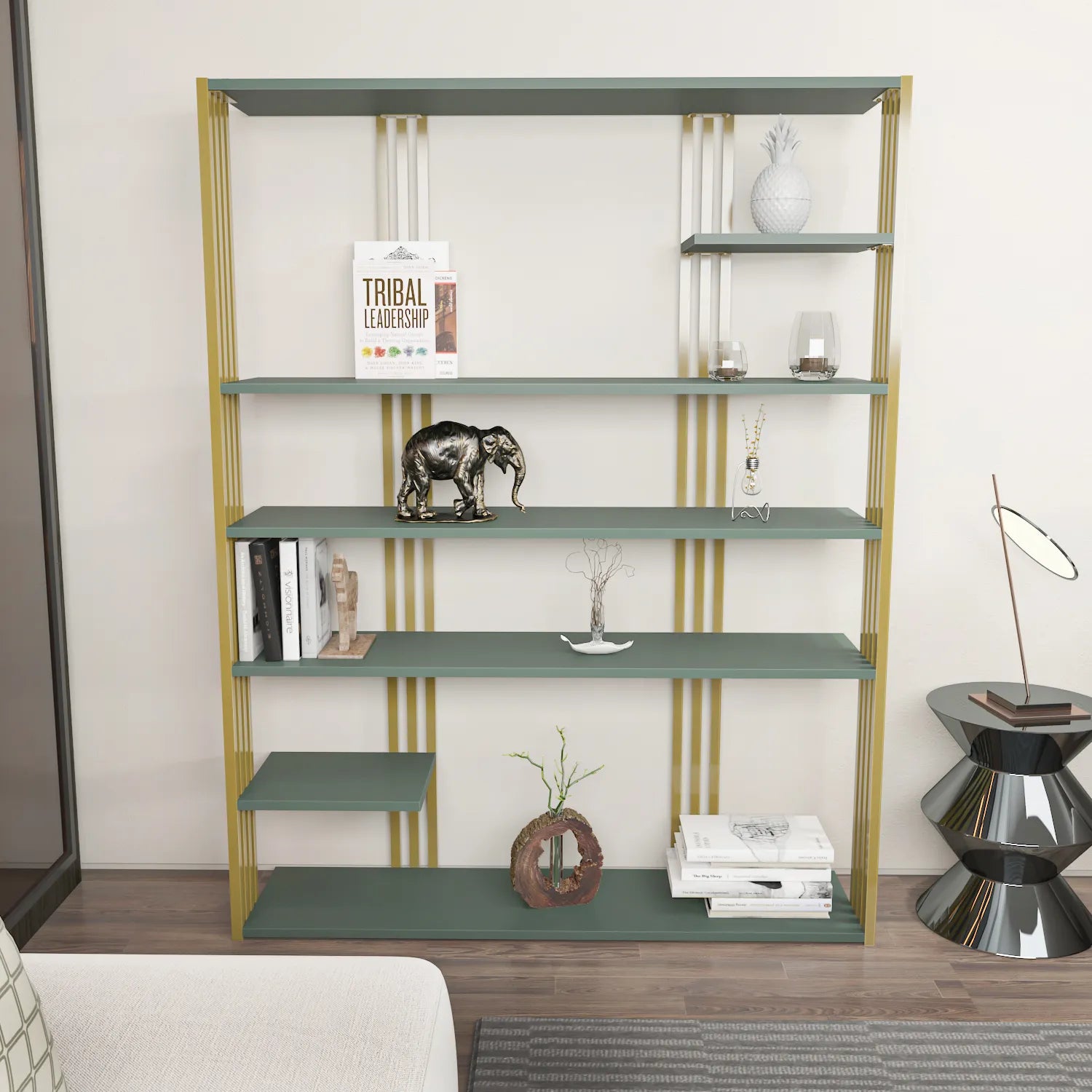 Jeni 63" Tall Metal Wood Bookcase | Bookshelf | Display Unit