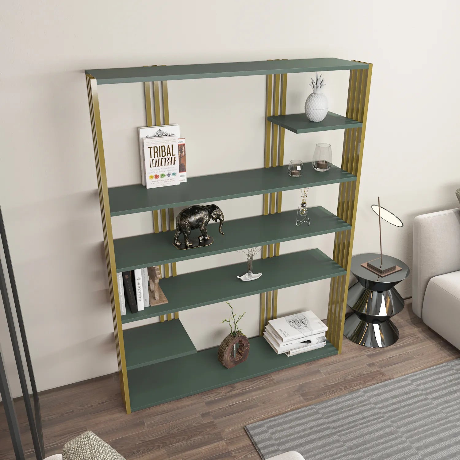 Jeni 63" Tall Metal Wood Bookcase | Bookshelf | Display Unit