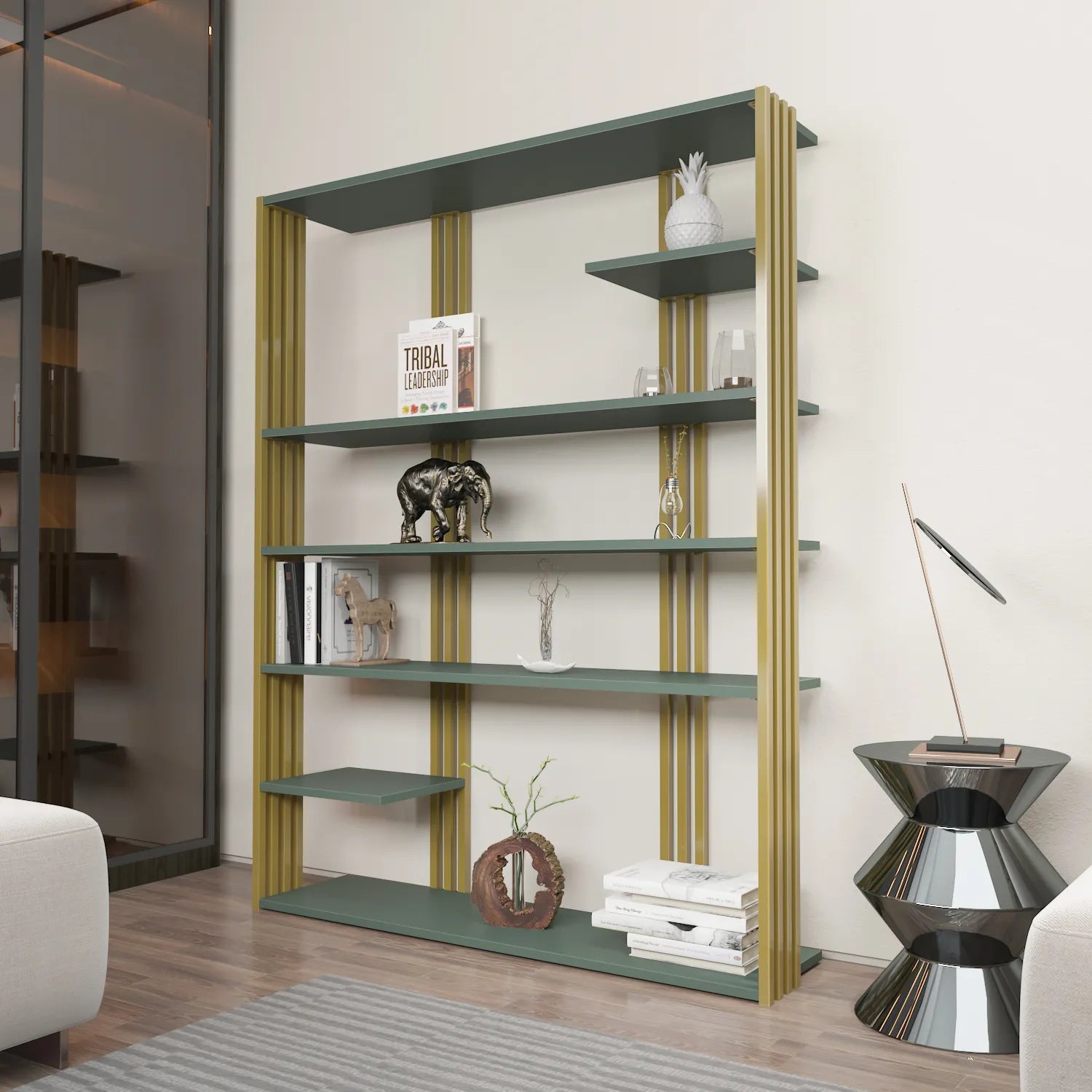 Jeni 63" Tall Metal Wood Bookcase | Bookshelf | Display Unit