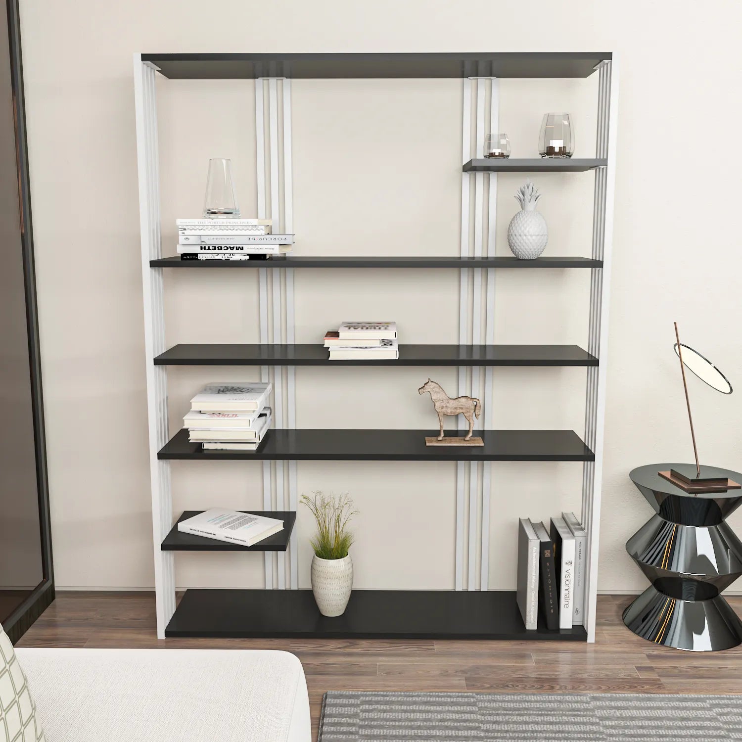 Jeni 63" Tall Metal Wood Bookcase | Bookshelf | Display Unit