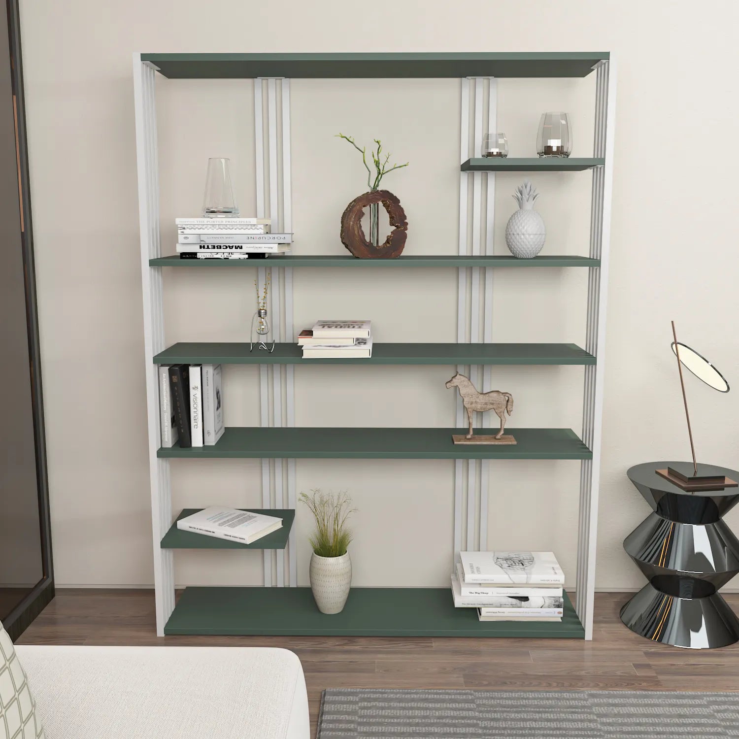 Jeni 63 Tall Metal Wood Bookcase | Bookshelf | Display Unit Silva Green & Black