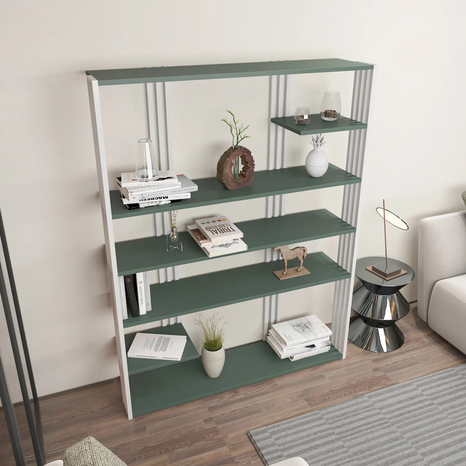 Jeni 63 Tall Metal Wood Bookcase | Bookshelf | Display Unit Silva Green & Black