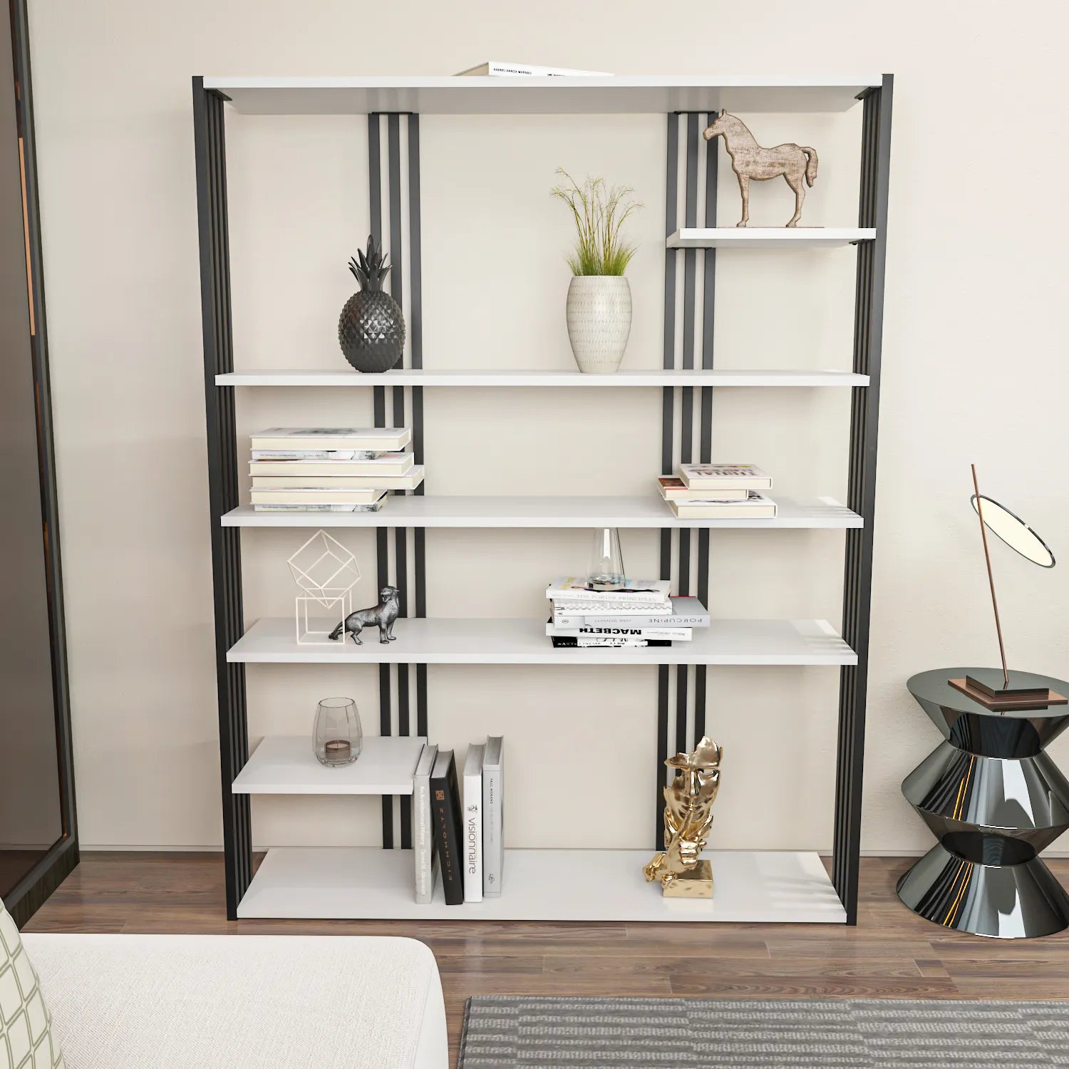 Jeni 63" Tall Metal Wood Bookcase | Bookshelf | Display Unit