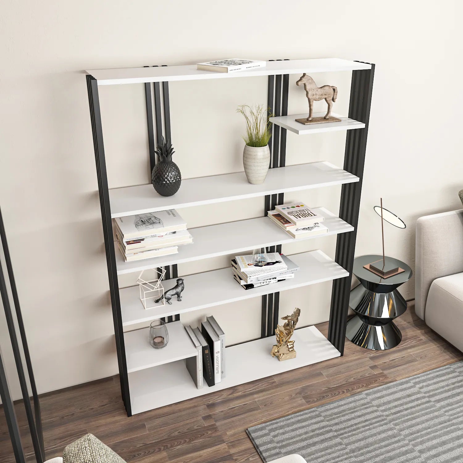 Jeni 63" Tall Metal Wood Bookcase | Bookshelf | Display Unit