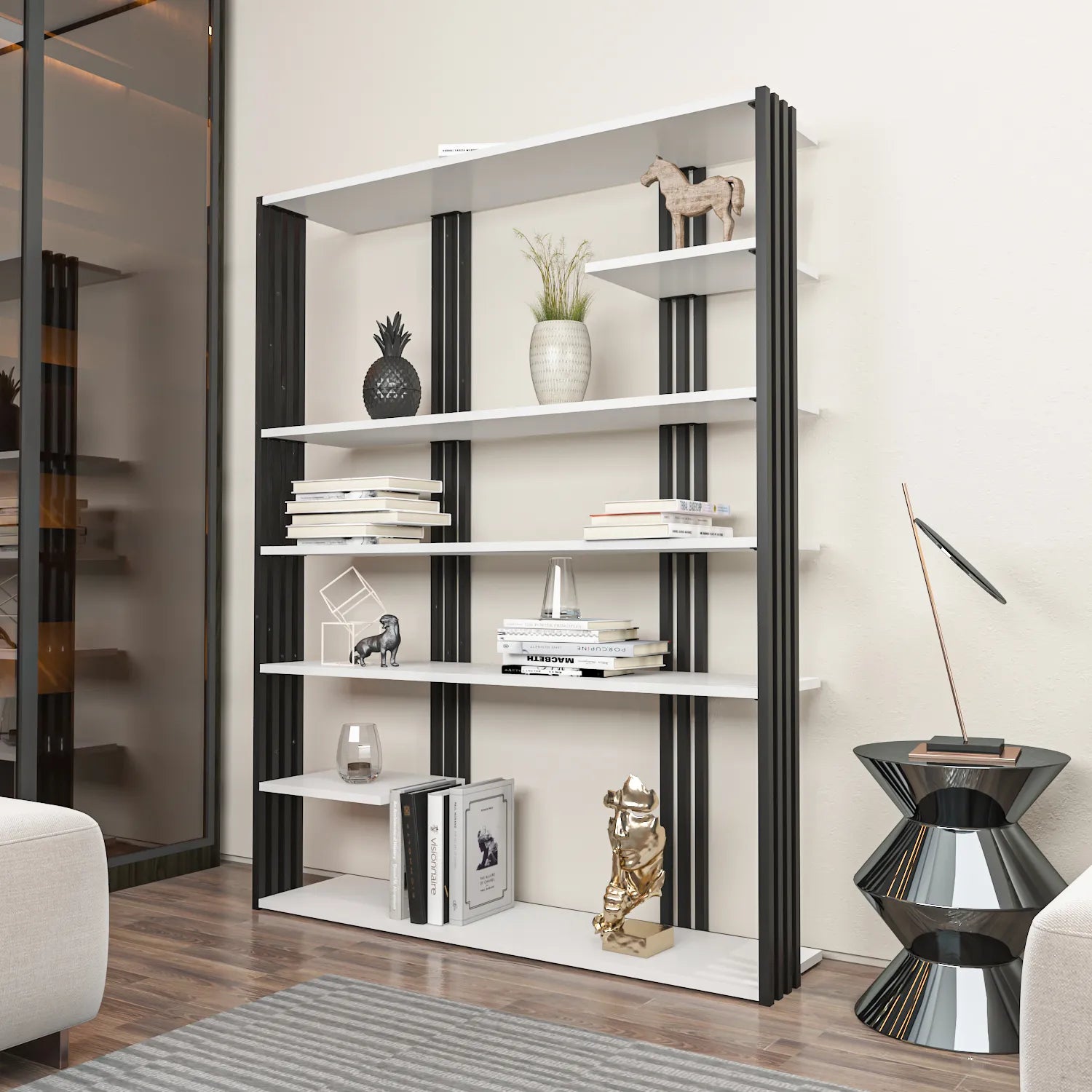 Jeni 63" Tall Metal Wood Bookcase | Bookshelf | Display Unit