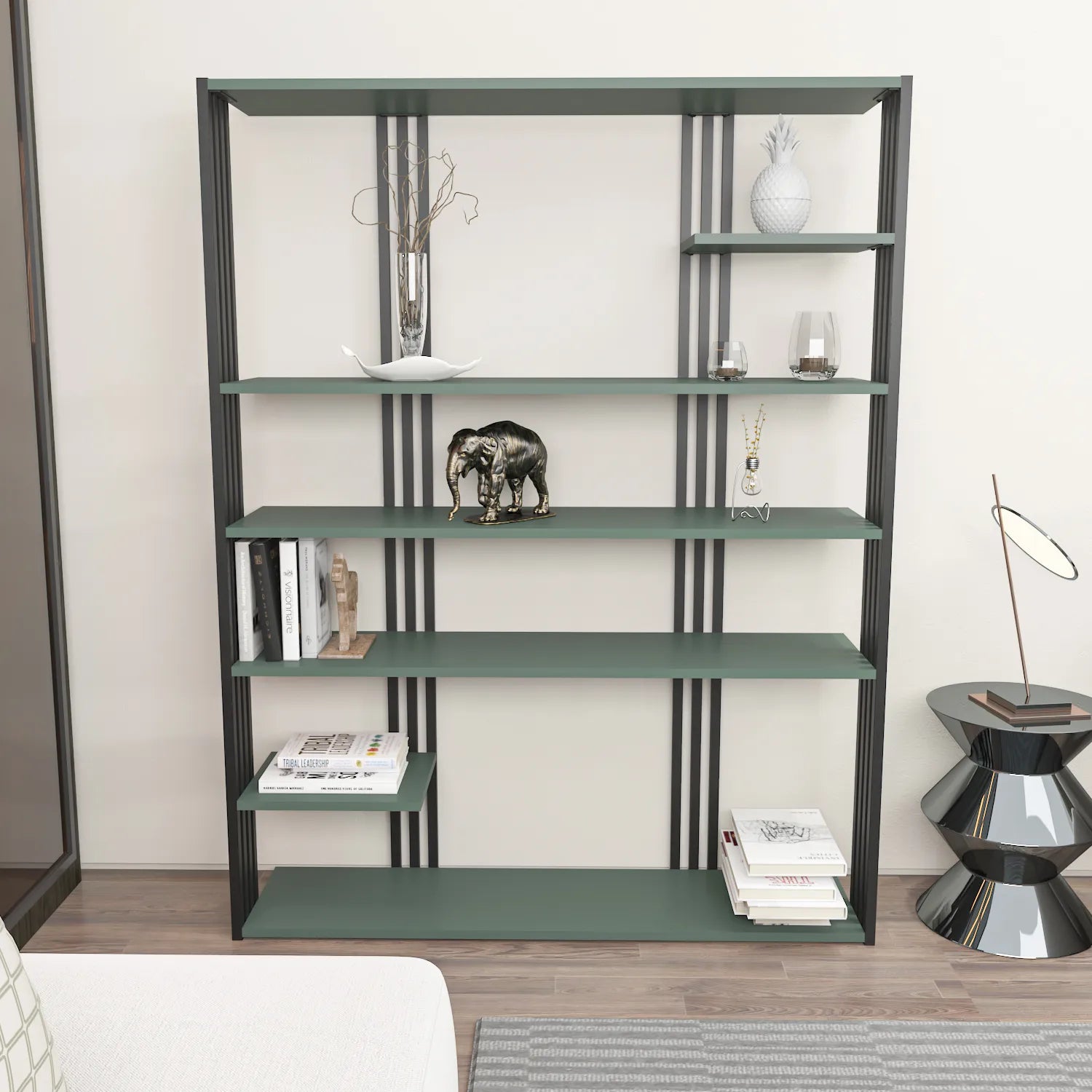 Jeni 63" Tall Metal Wood Bookcase | Bookshelf | Display Unit