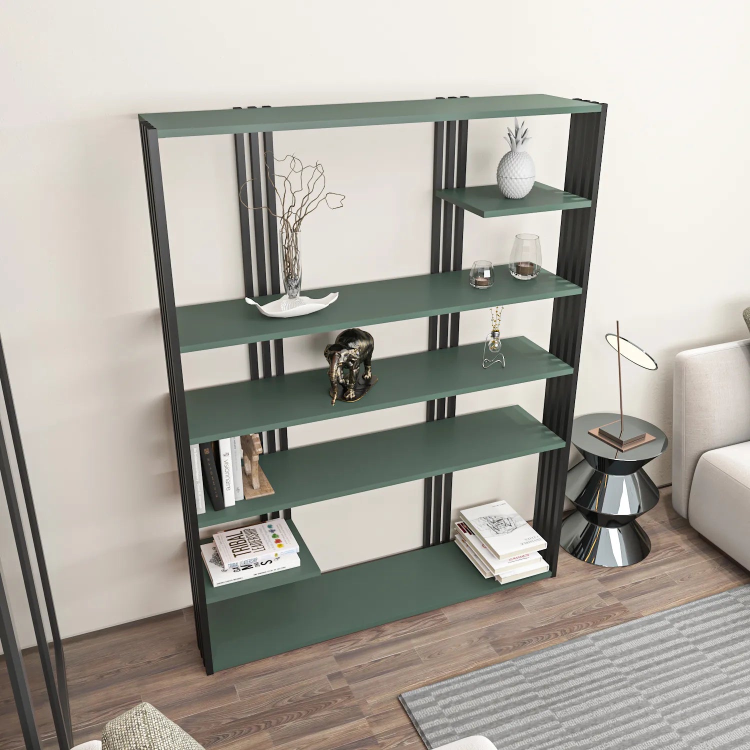 Jeni 63" Tall Metal Wood Bookcase | Bookshelf | Display Unit