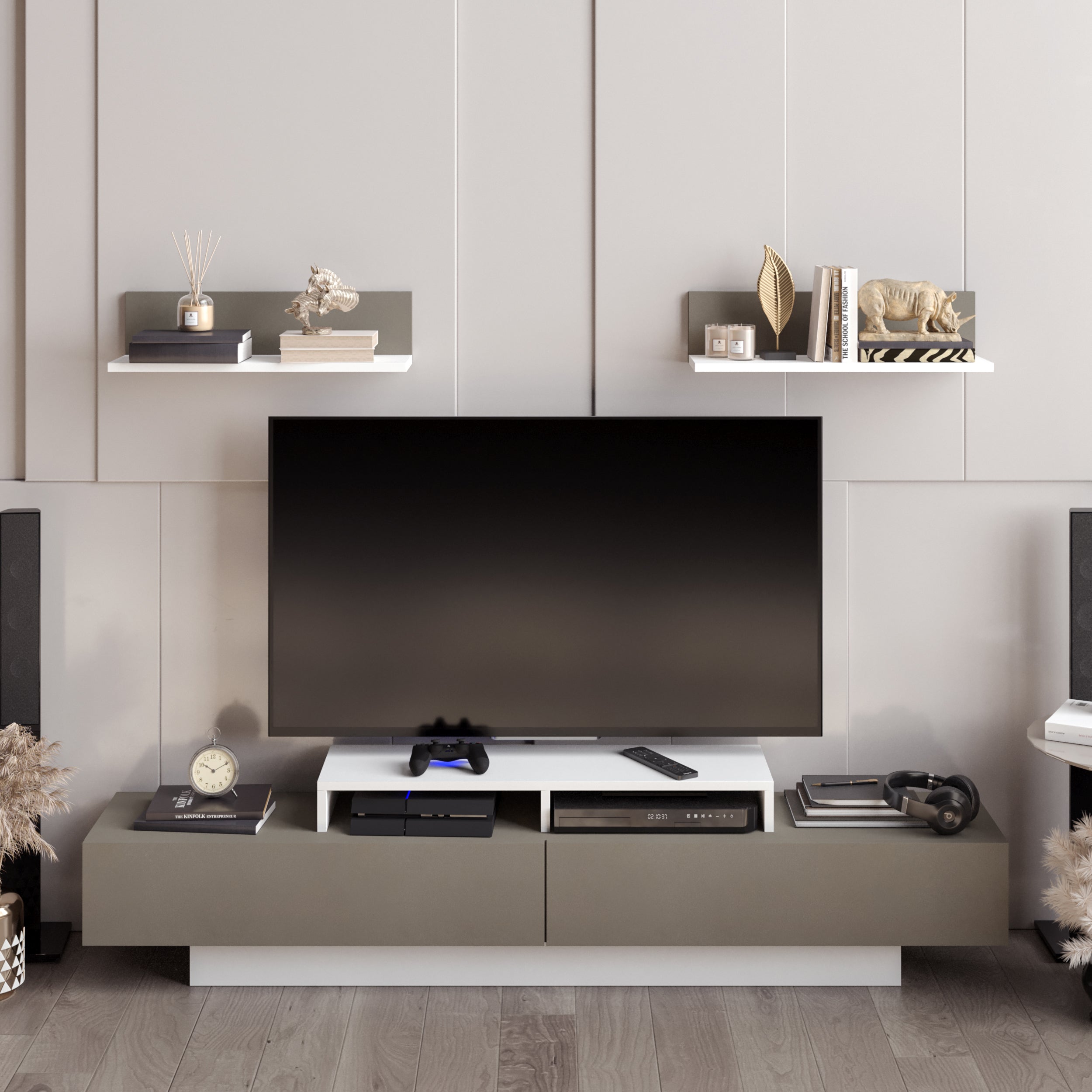Lusi 71" Wide TV Stand for TVs up to 80" with 2 Wall Shelves