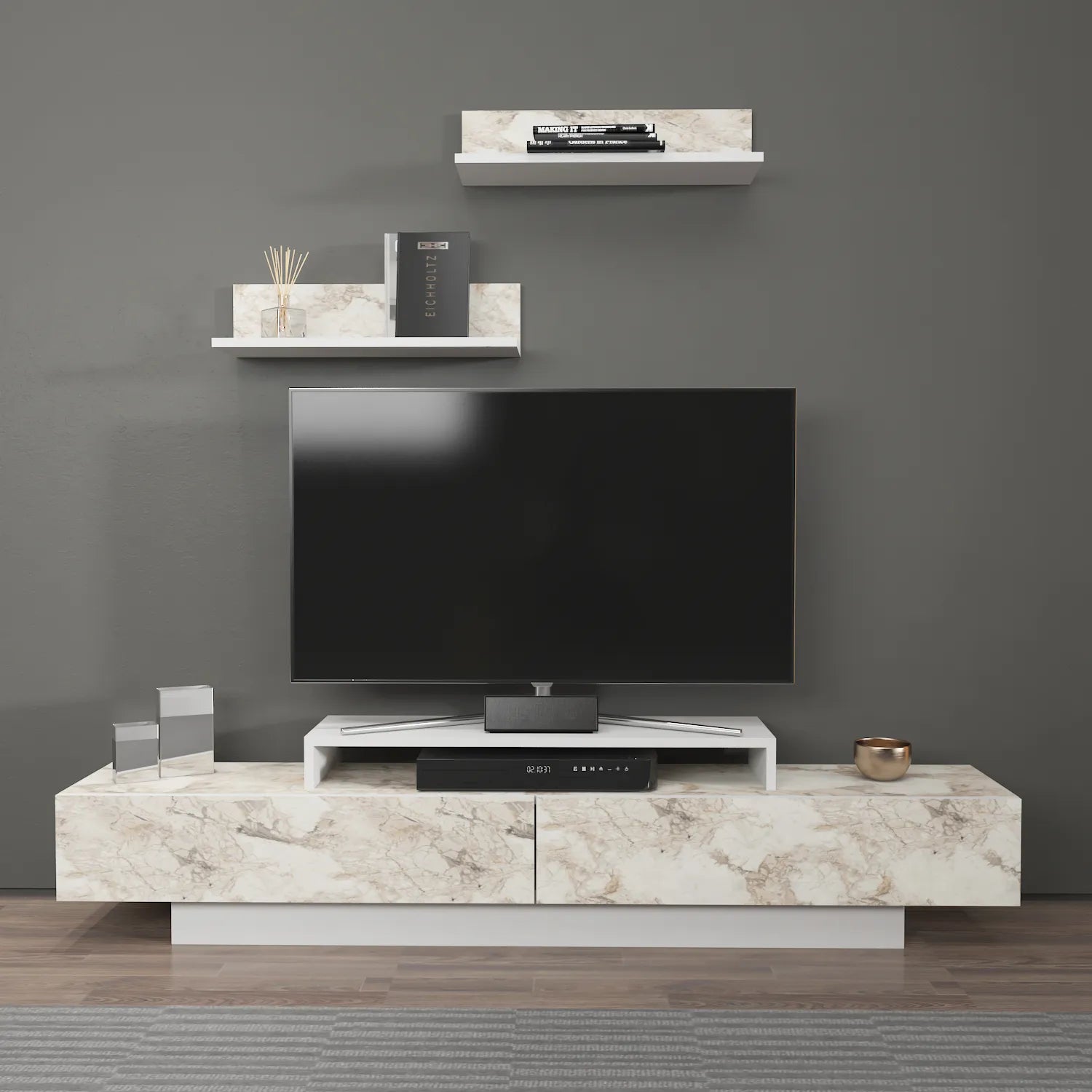lusi tv stand white marble effect front