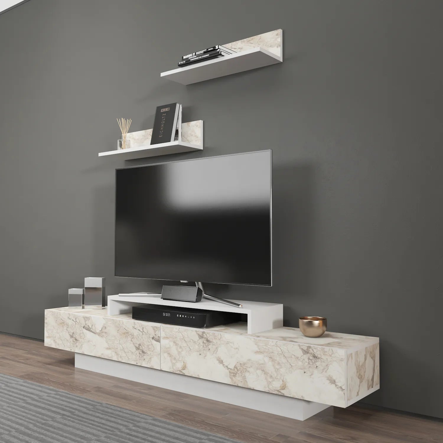 lusi tv stand white marble effect angle 2