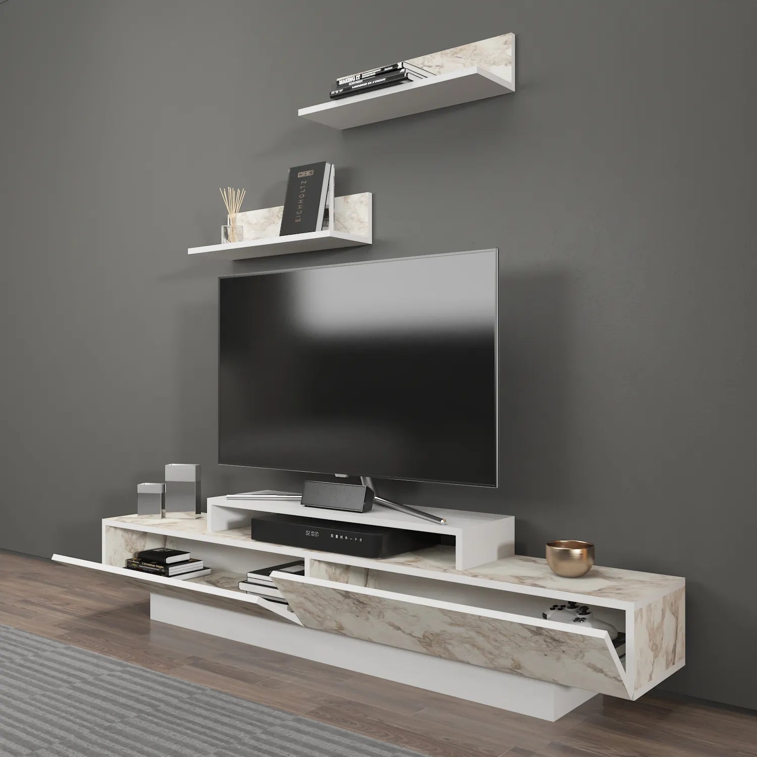 lusi tv stand white marble effect open angle