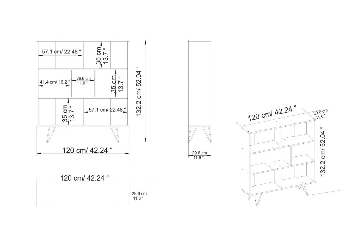 mistico bookcase dimensions chart