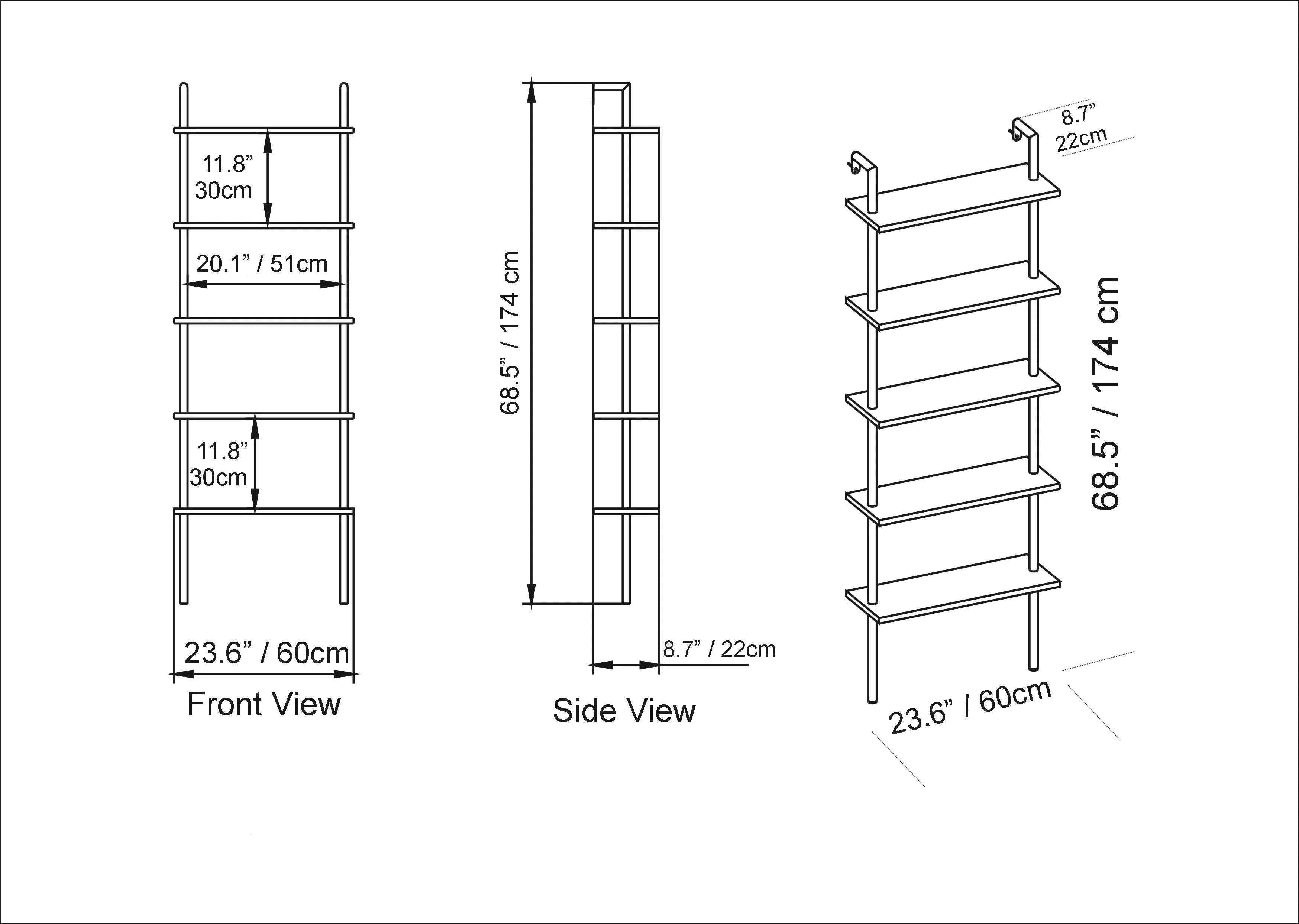 paula ladder bookcase dimensions chart