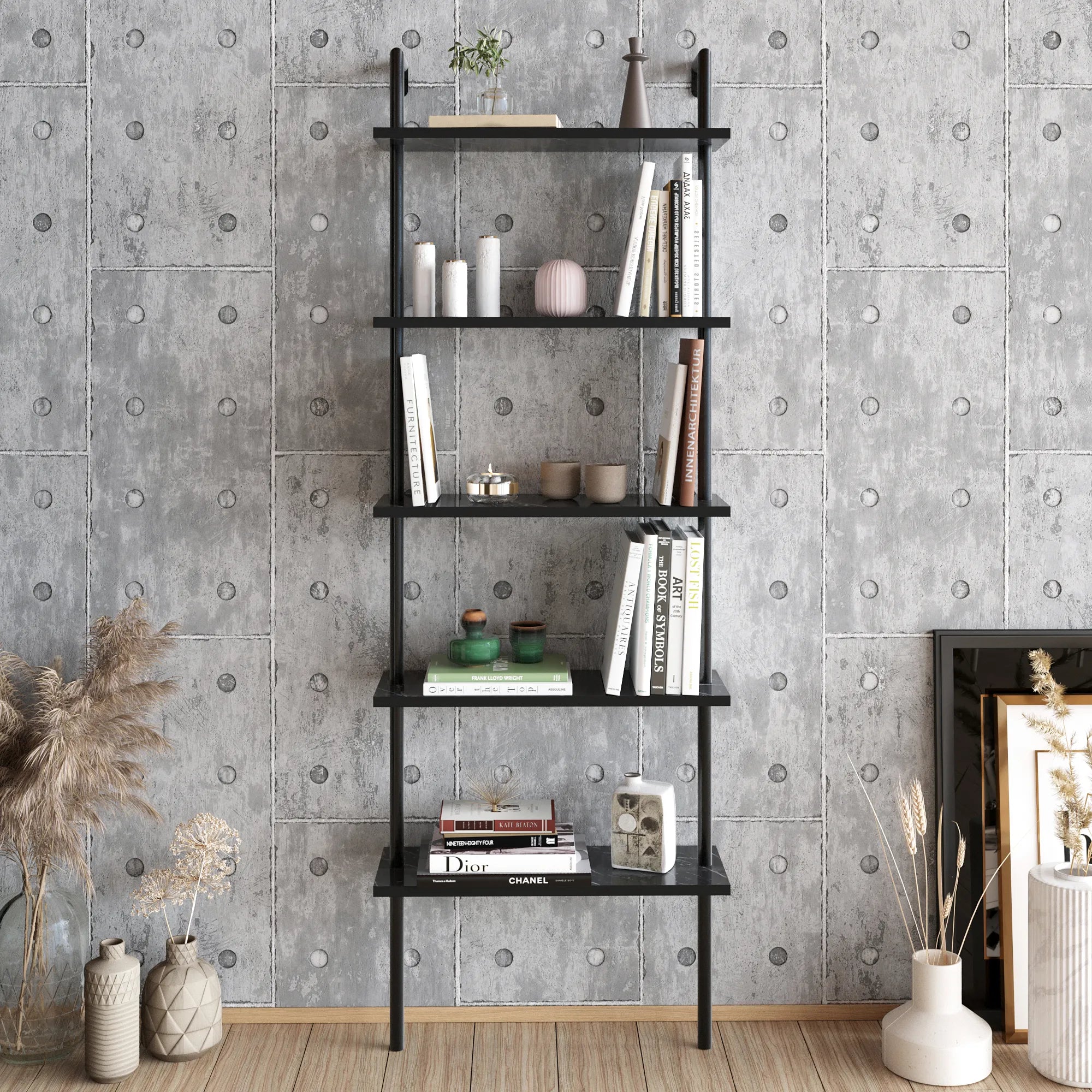 paula ladder bookcase black marble effect front