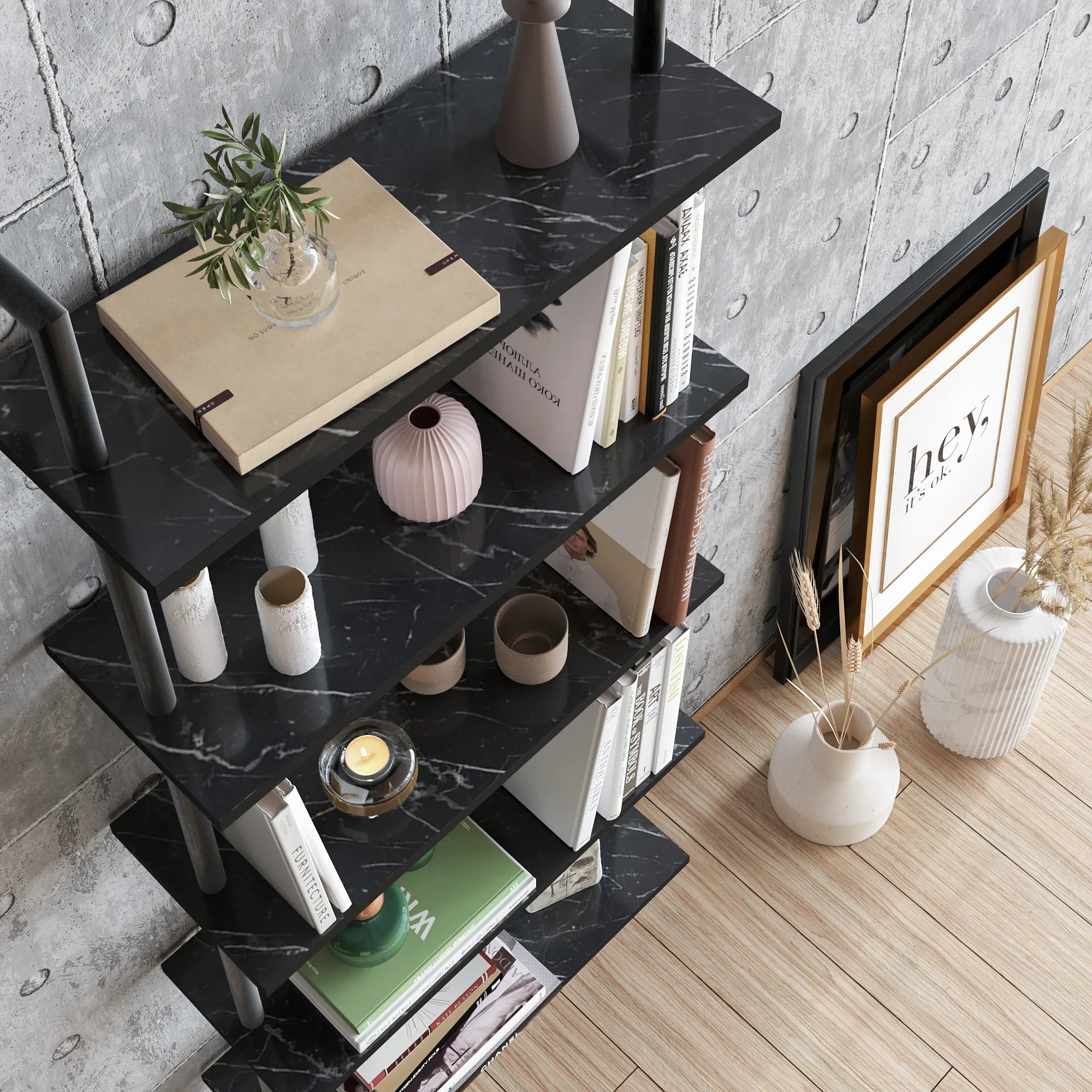 paula ladder bookcase black marble effect top