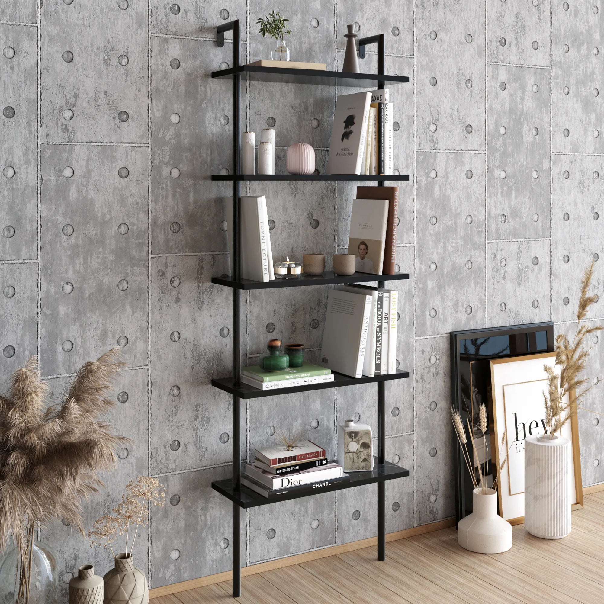 paula ladder bookcase black marble effect angle