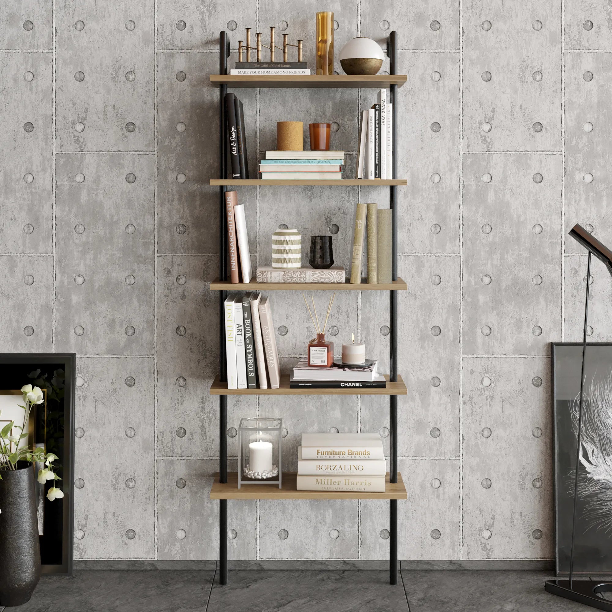 paula ladder bookcase black oud oak front