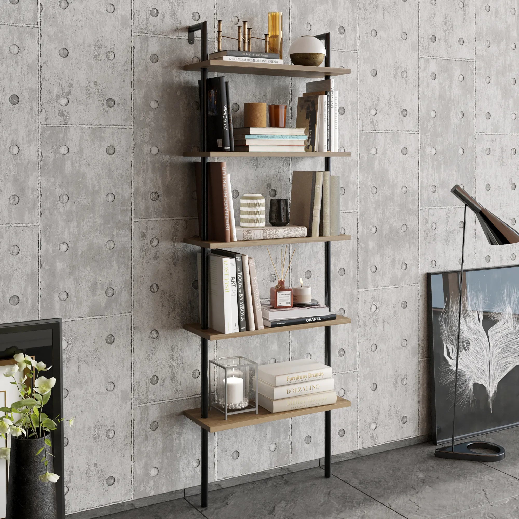 paula ladder bookcase black oud oak angle