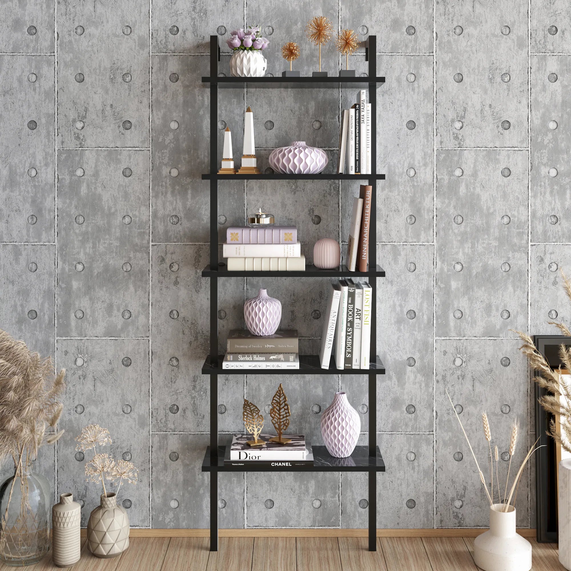 piante ladder bookcase black marble effect front