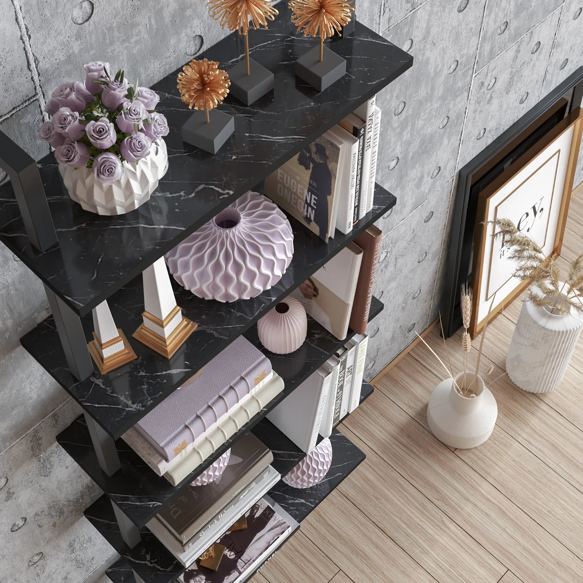 piante ladder bookcase black marble effect top