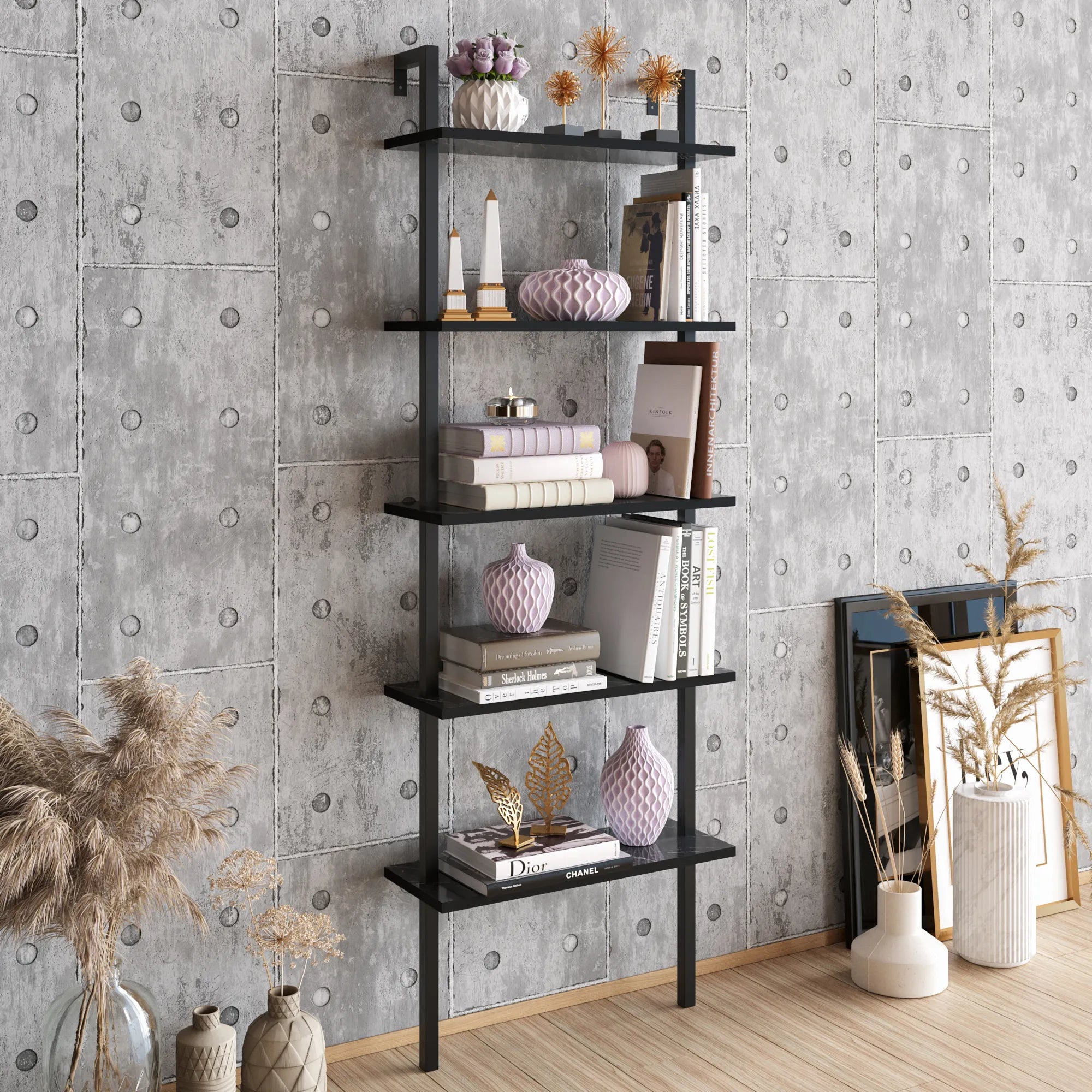 piante ladder bookcase black marble effect angle