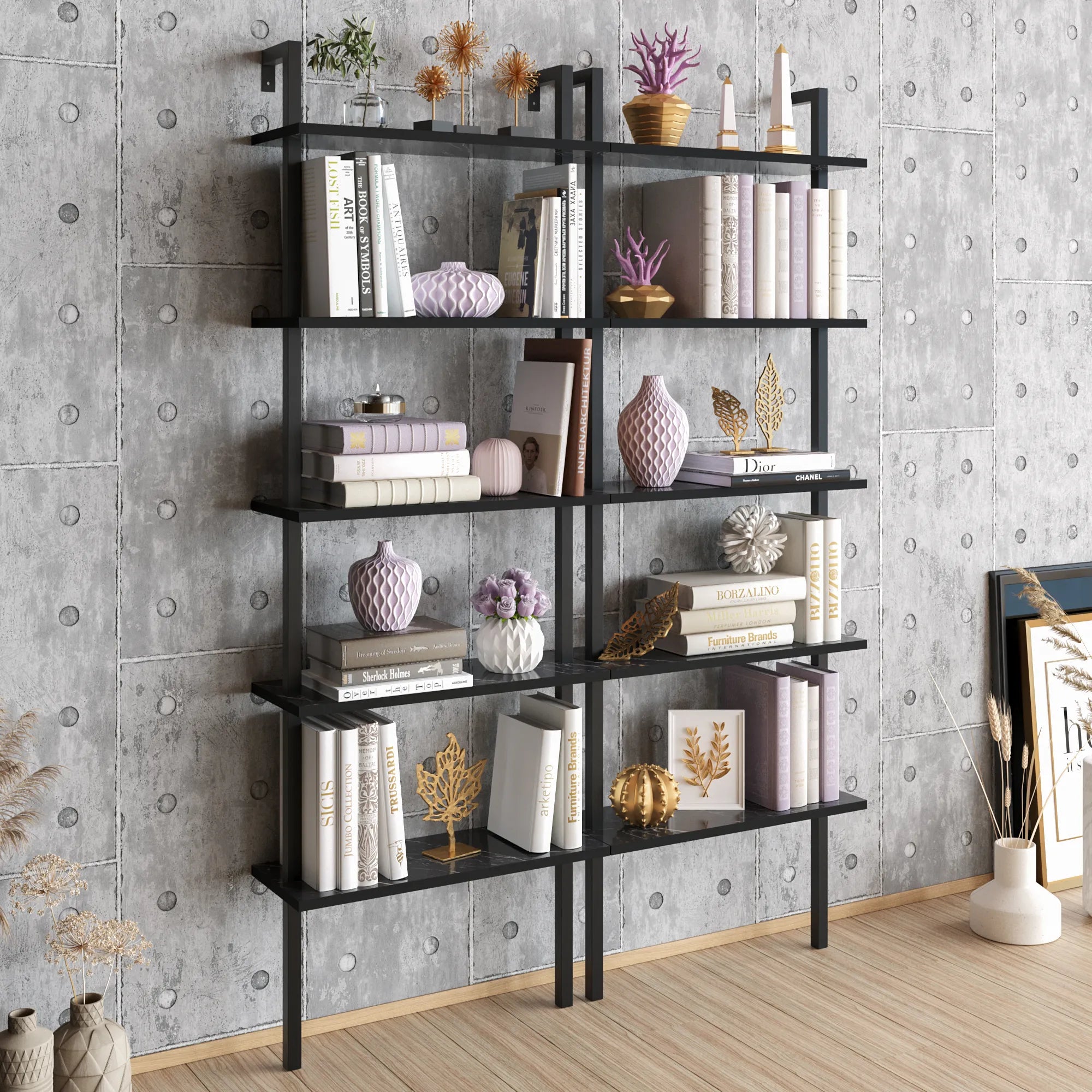 piante ladder bookcase black marble effect double