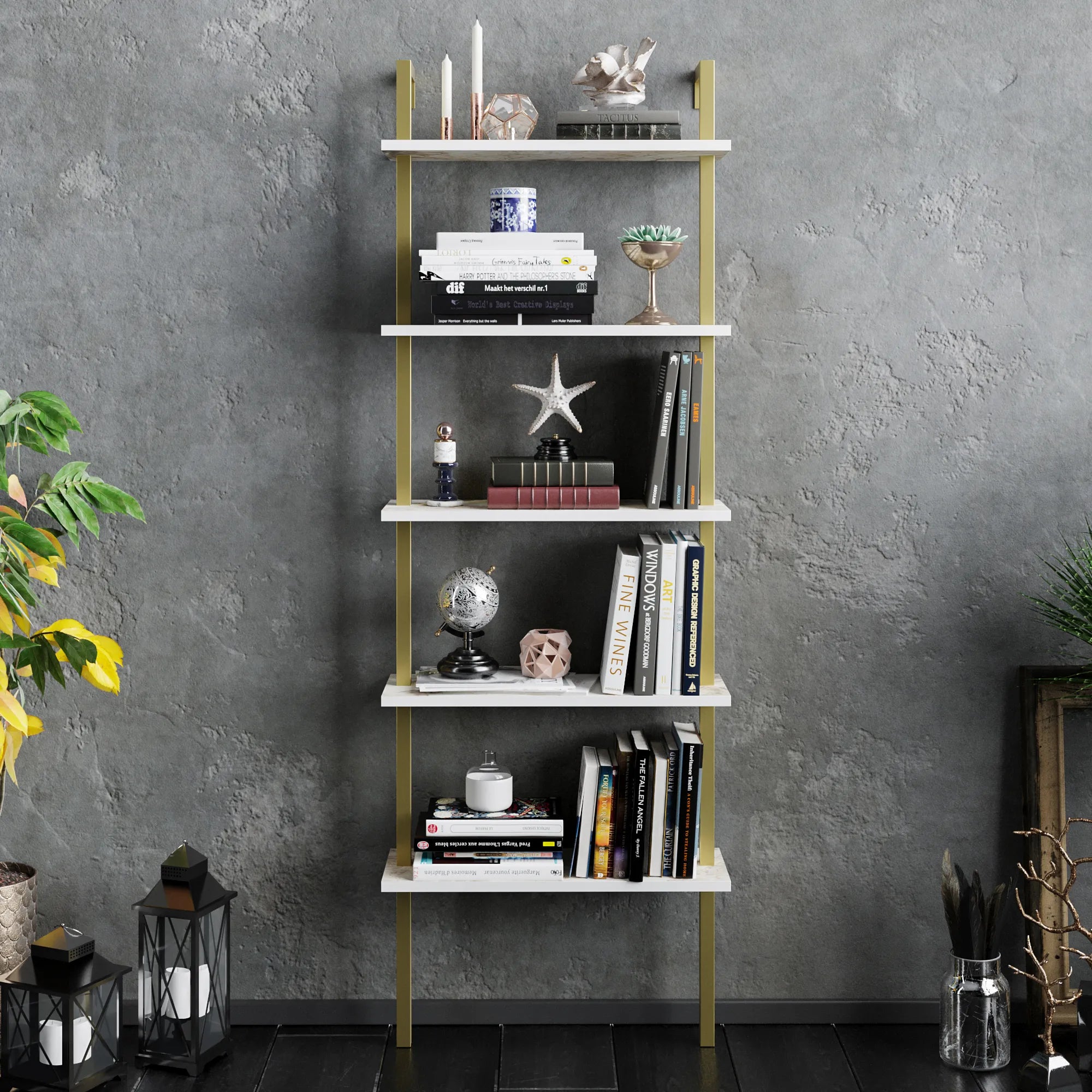 piante ladder bookcase white marble effect gold front